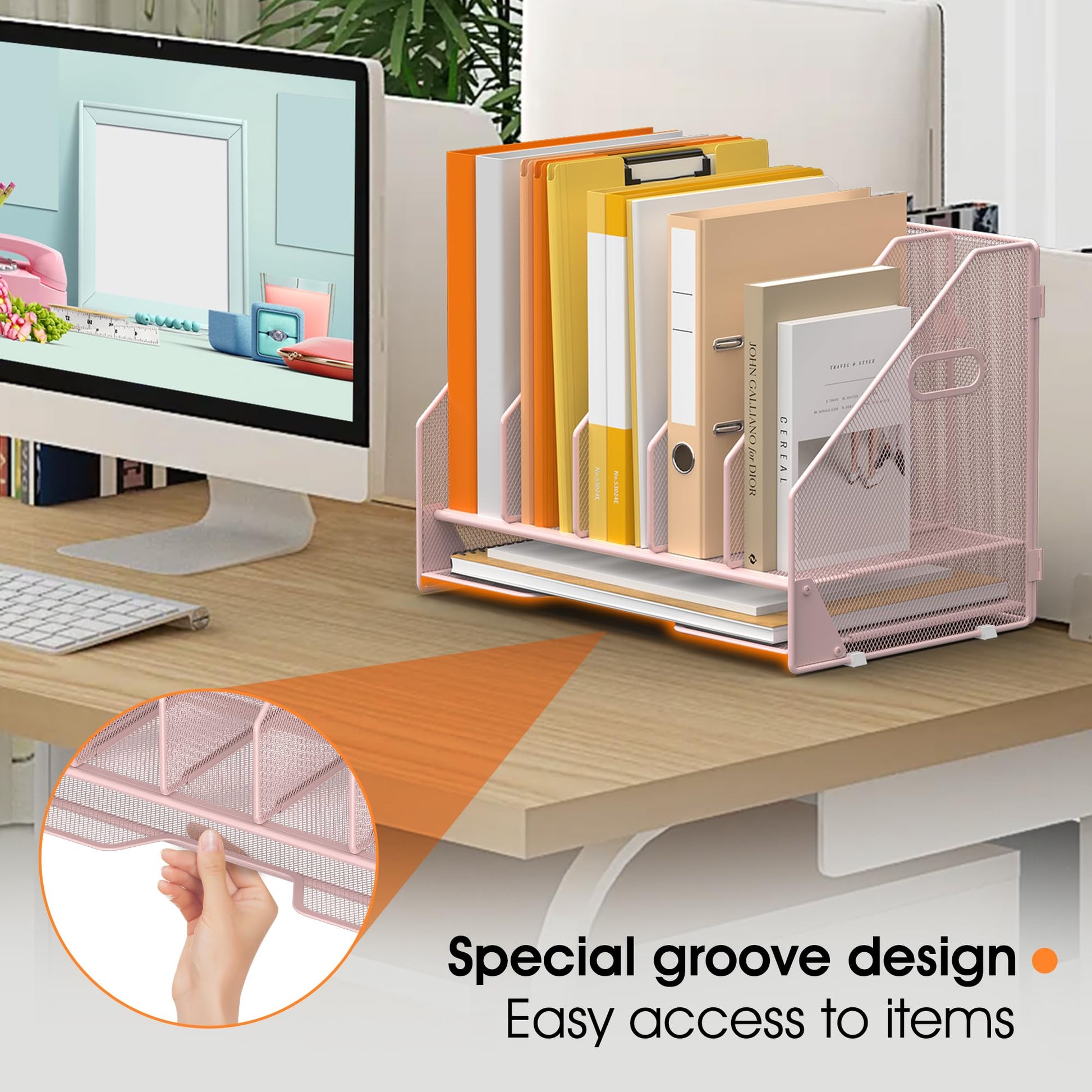OrgMate 5 Vertical Mesh Desk Organizer with Paper Letter Tray, Pink