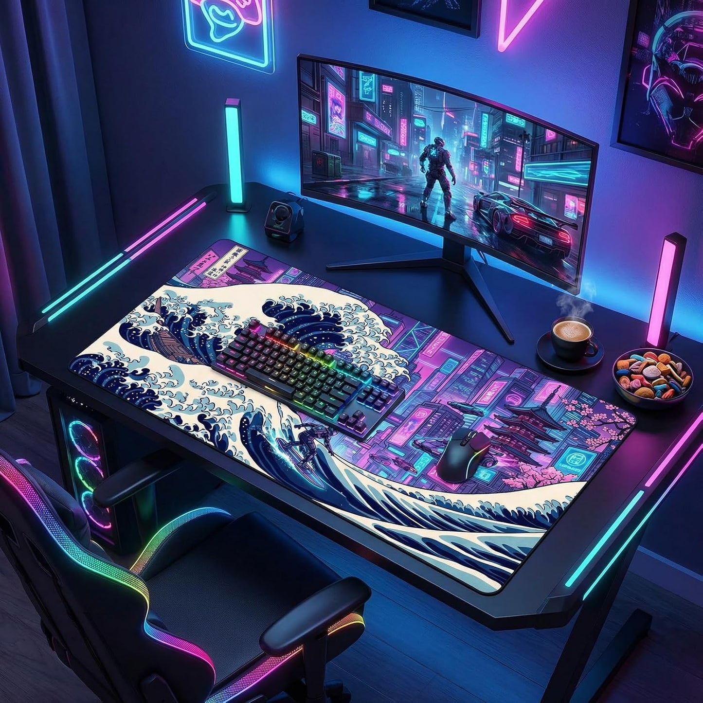 XXL Gaming Mouse Pad 31.5x15.7 Inch,Cyberpunk Neon Japanese Wave Desk Mat