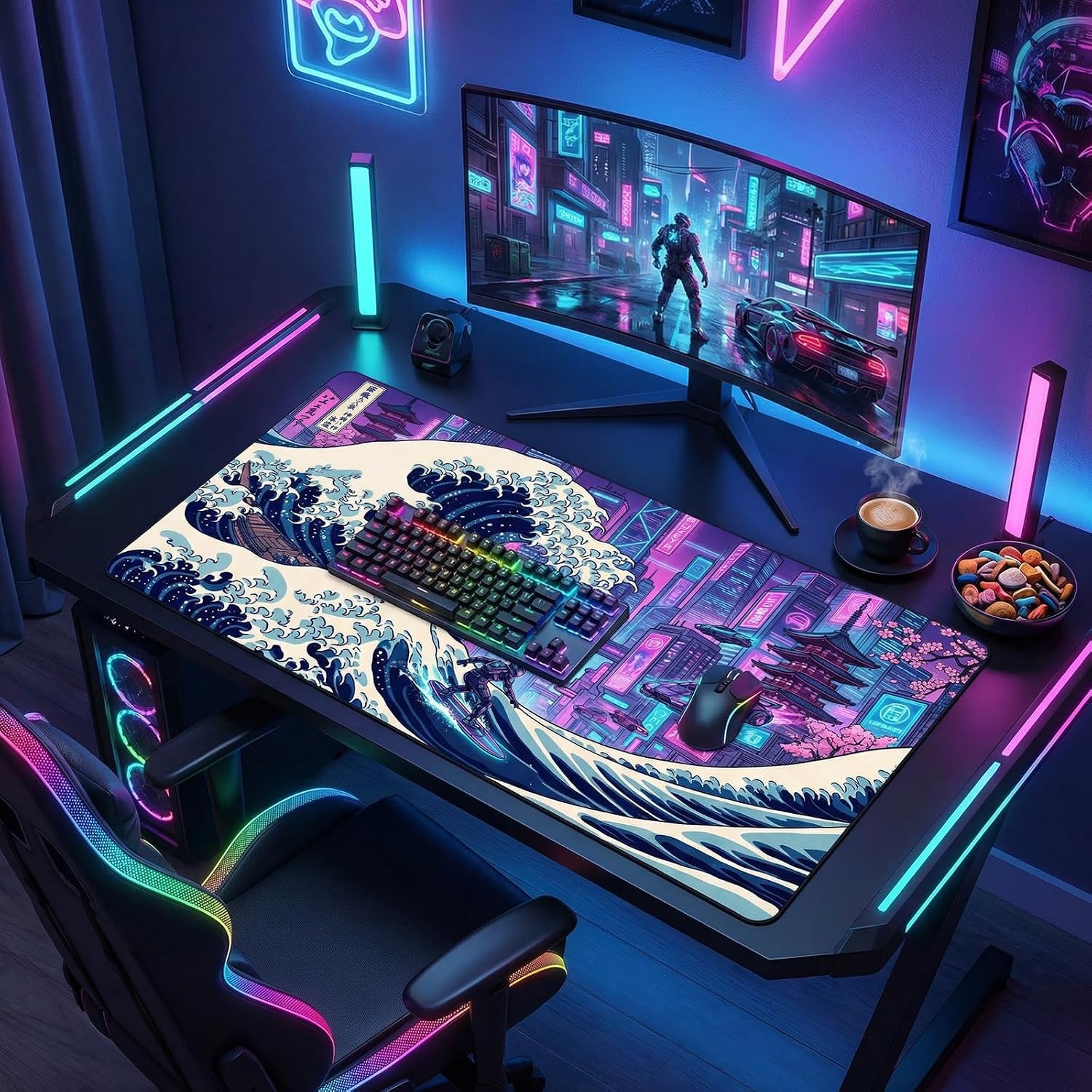 XXL Gaming Mouse Pad 31.5x15.7 Inch,Cyberpunk Neon Japanese Wave Desk Mat