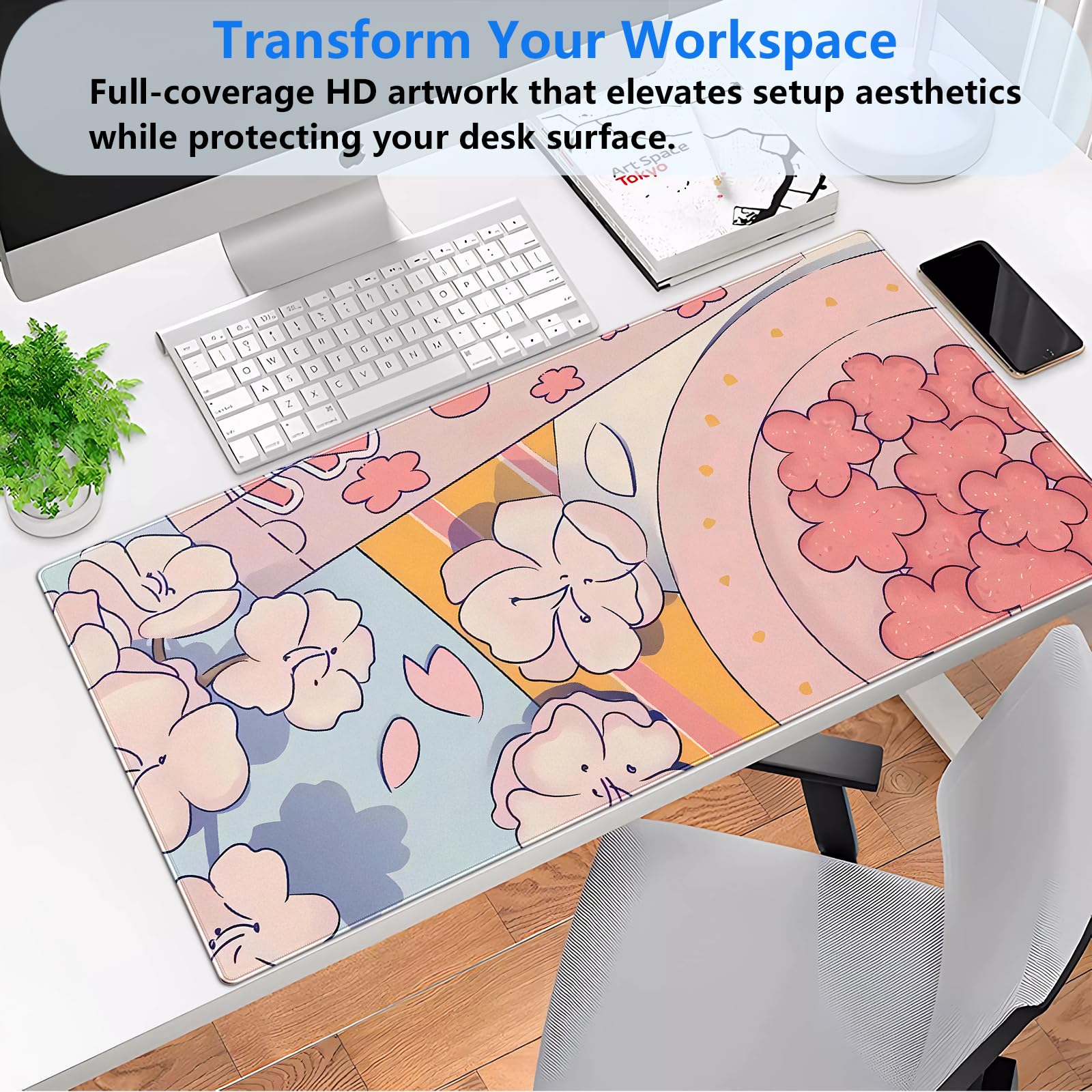 Pink Sakura Desk Mat, Kawaii Floral XXL Large Gaming Mouse Pad