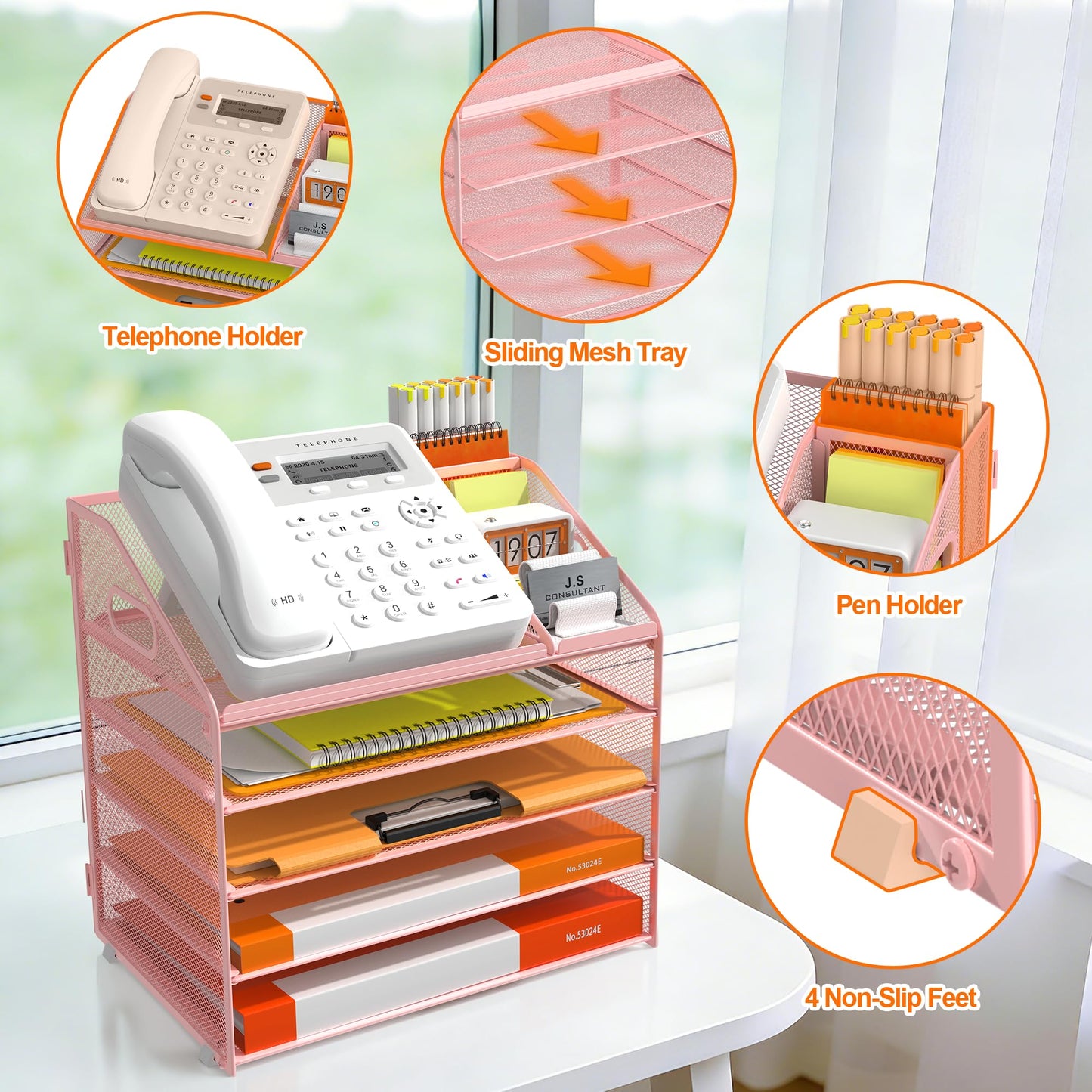 DocNest 5 Tier Metal Mesh Desk File Organizer with Phone Shelf, Pink