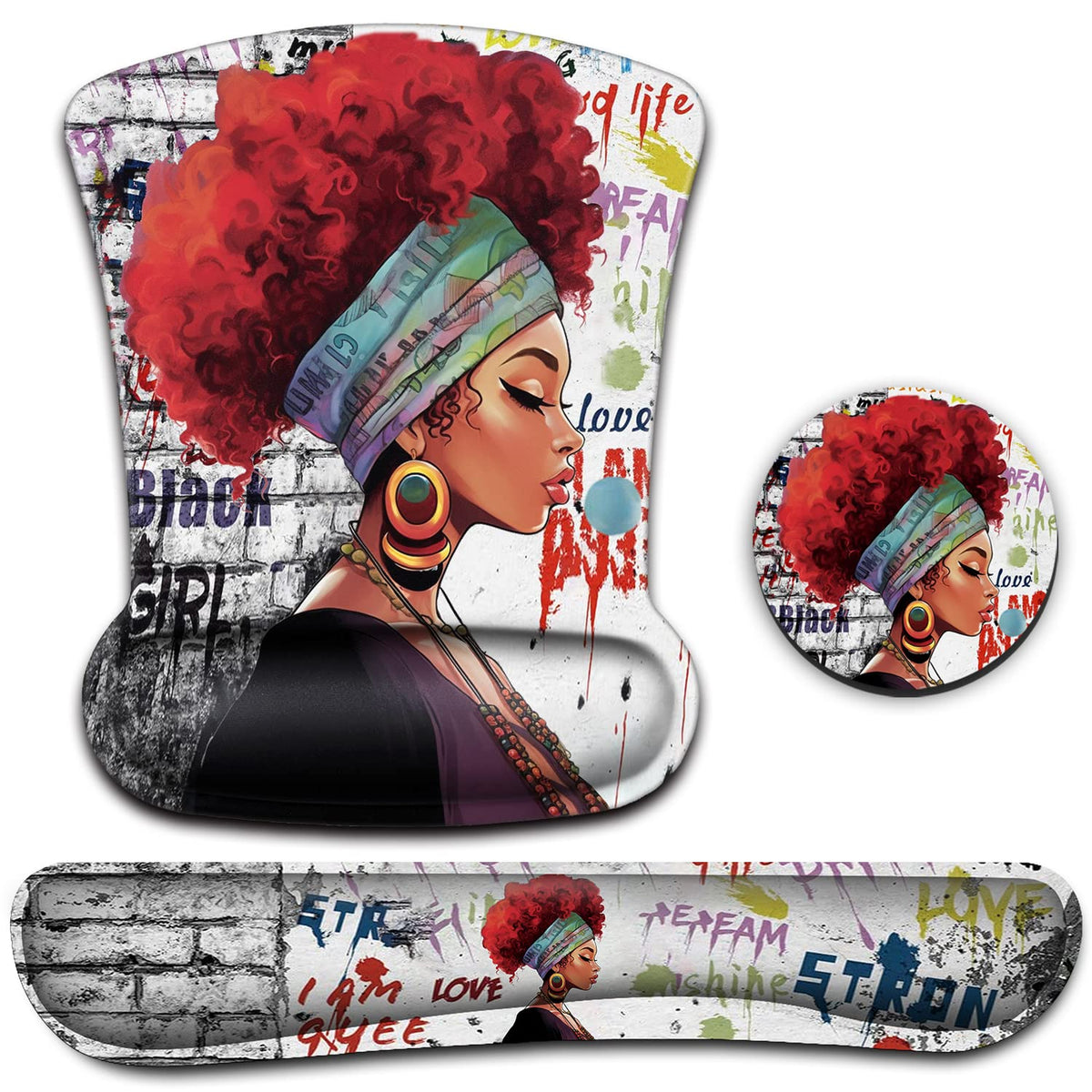 Ergonomic Mouse Pad Wrist Support Gel and Keyboard Wrist Rest Set African Graffiti Girls with Red