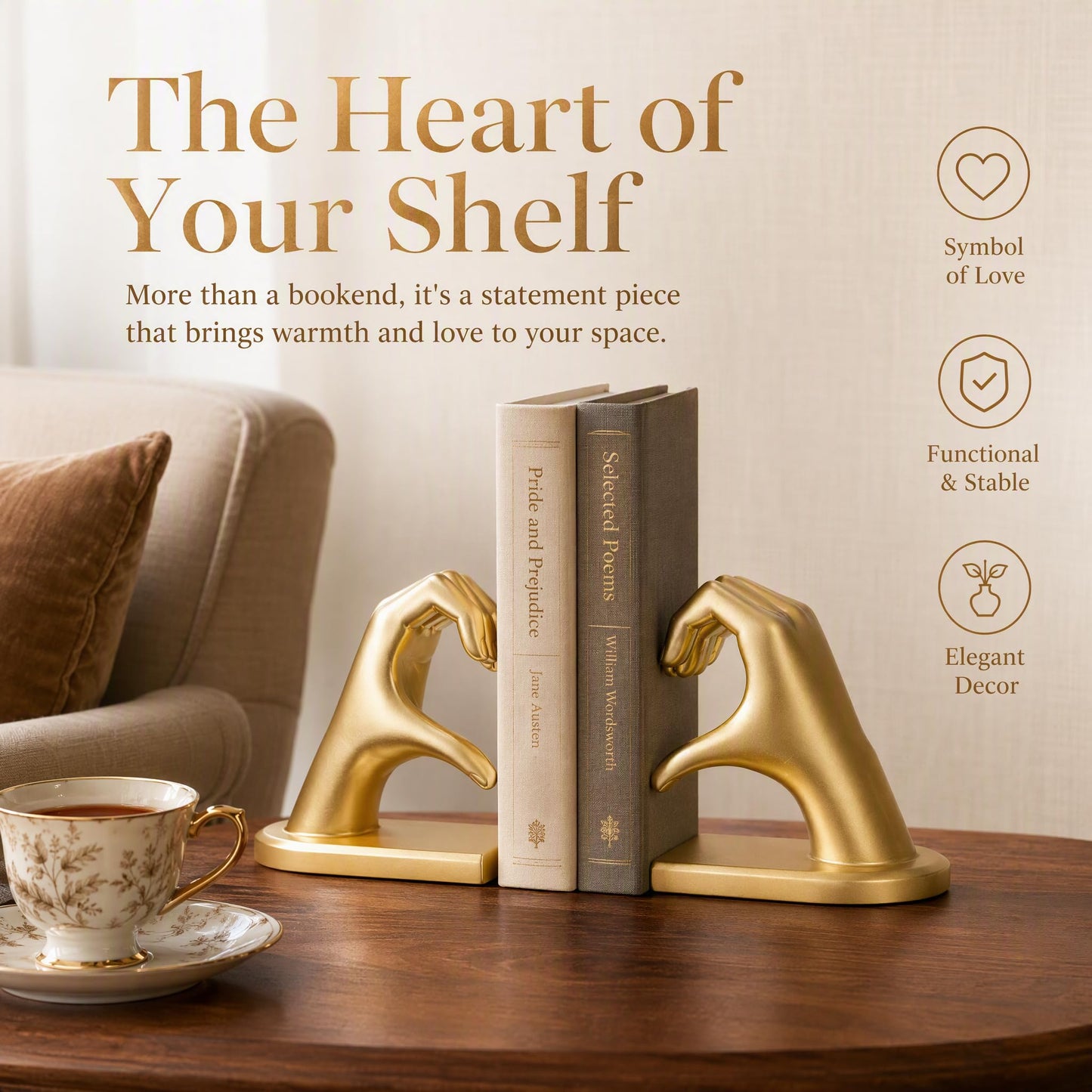 xmeden Gold Decorative Bookends for Shelves, Heart Hands Resin Sculpture with Non-Slip Felt Base