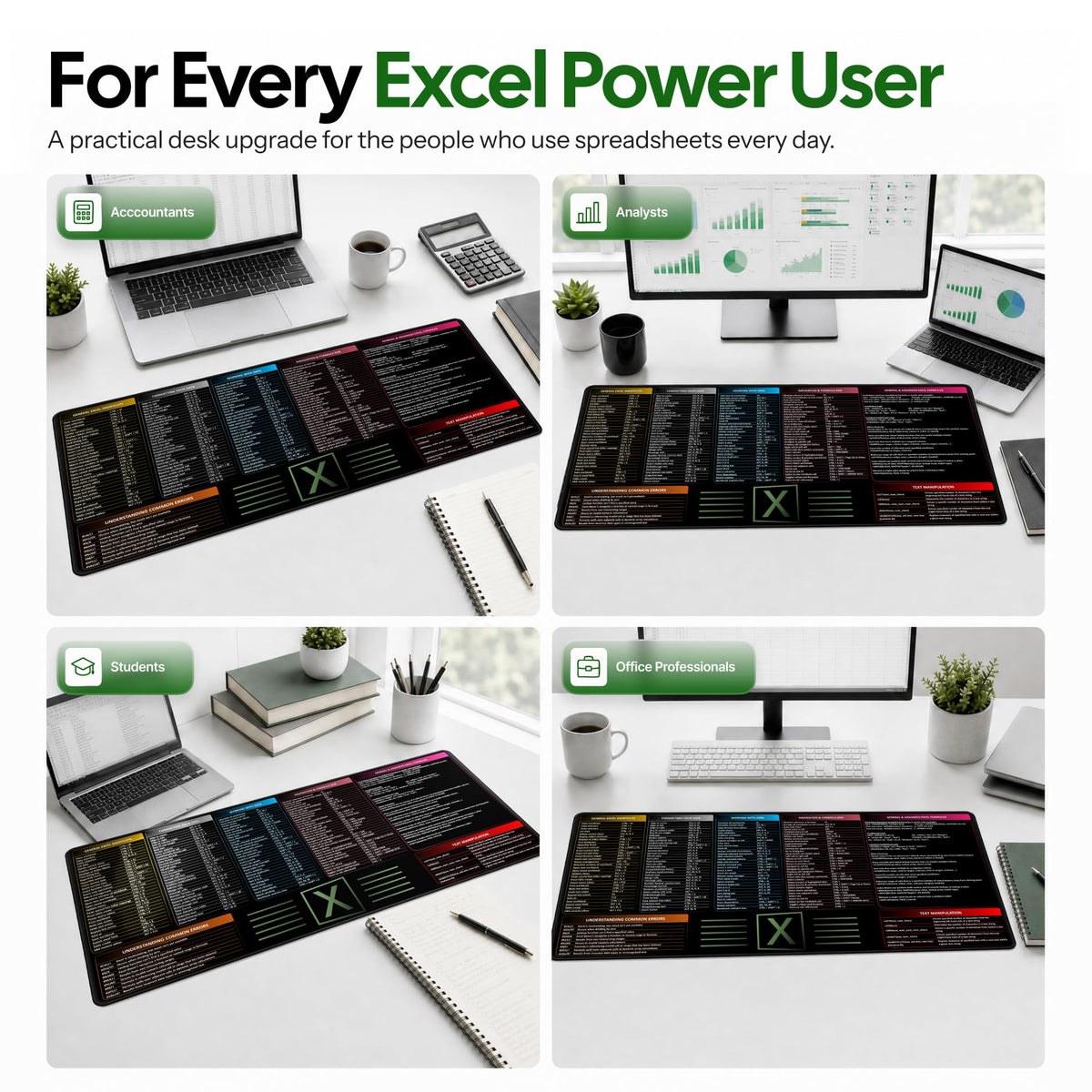 FzGuides Large Excel Cheat Sheet Desk Pad | Excel Pad Shortcut Keys Mouse Mat - Extended Office