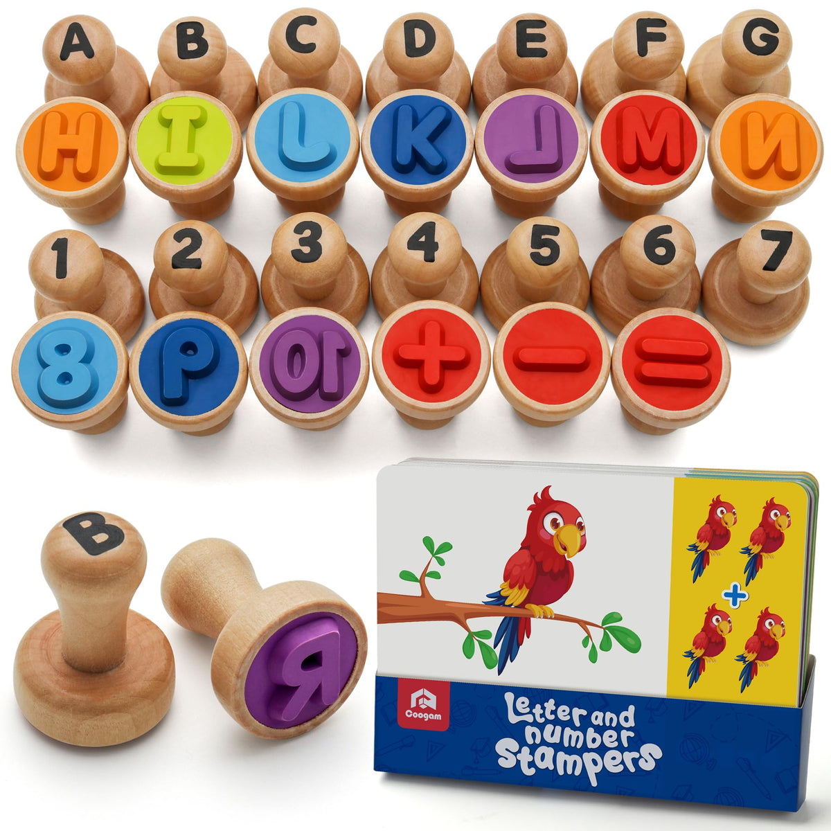 Coogam Wooden Alphabet Number Stamp Flashcard, ABC Spelling Letter Stampers and Mathematics