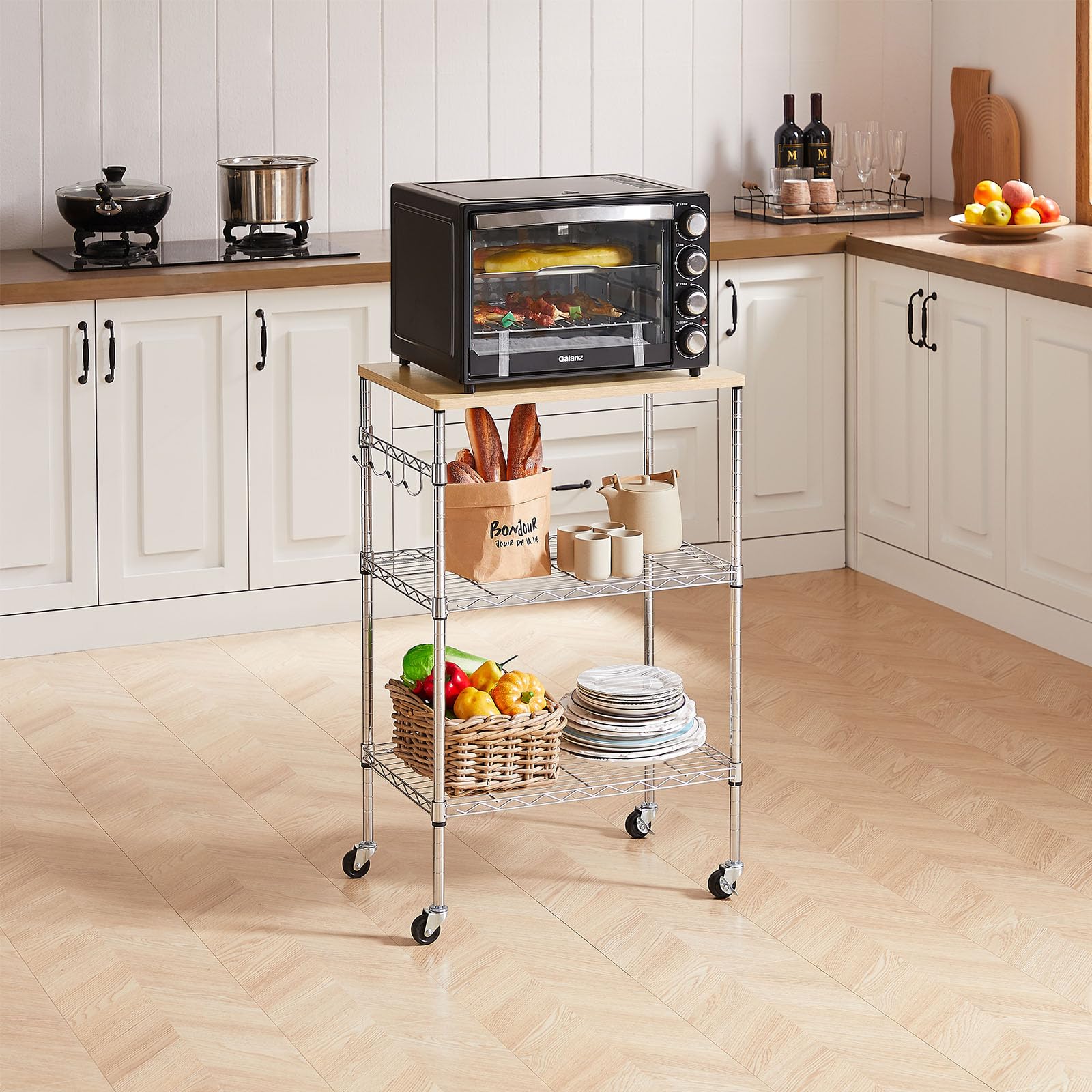 BolDuck 450Lbs Capacity Microwave Cart with Wheels, 3 Tier Rolling Cart with Adjustable Shelves
