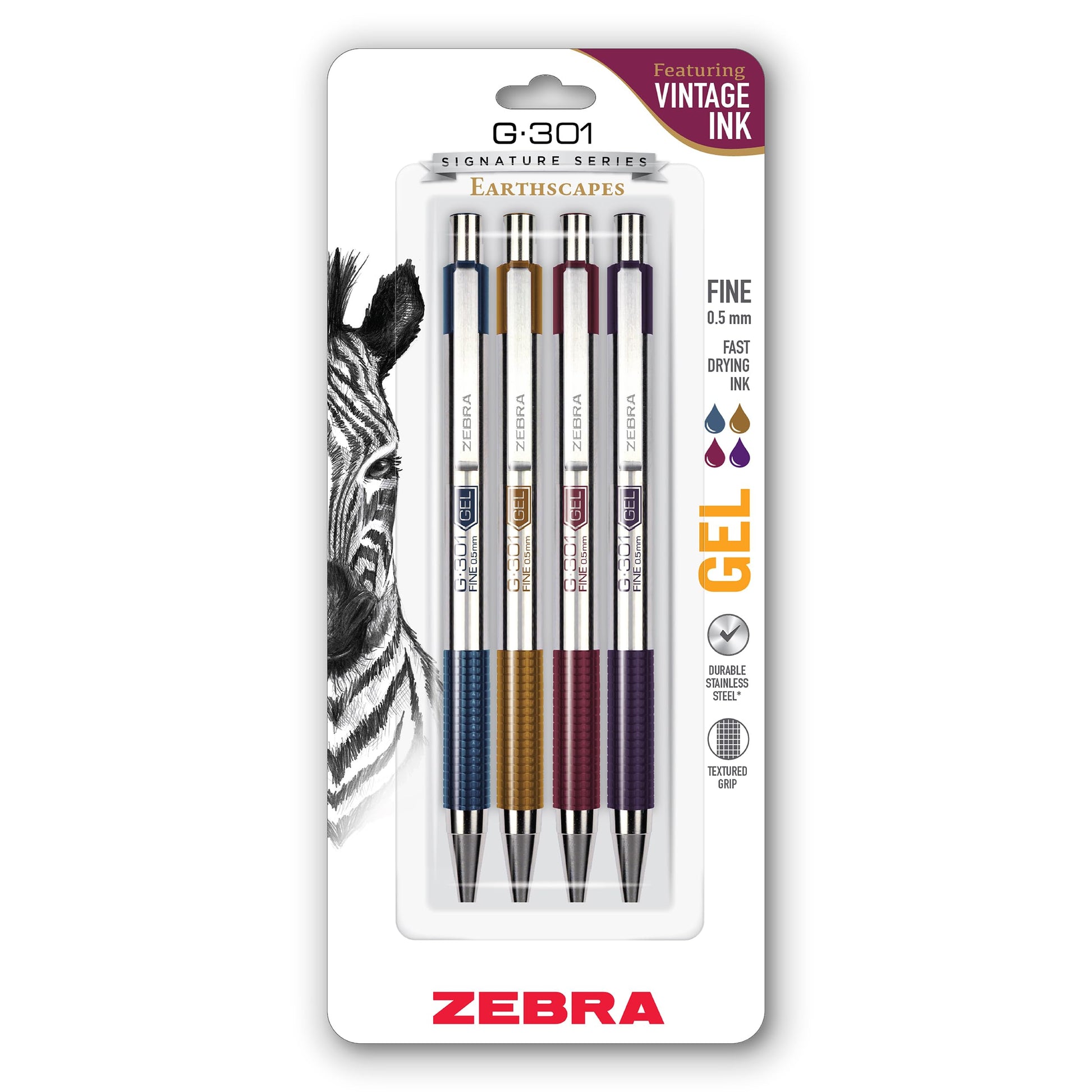 Zebra Pen STEEL G-301 Retractable Gel Pen, Assorted Vintage Ink, 0.5mm, 4Pk