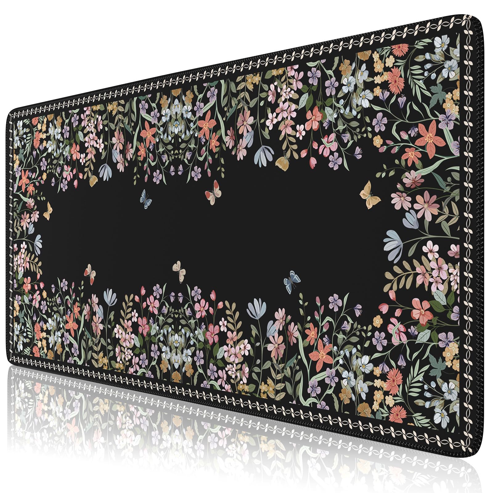 HAOCOO Floral Desk Pad, Black Computer Mat for Office Aesthetic Decor