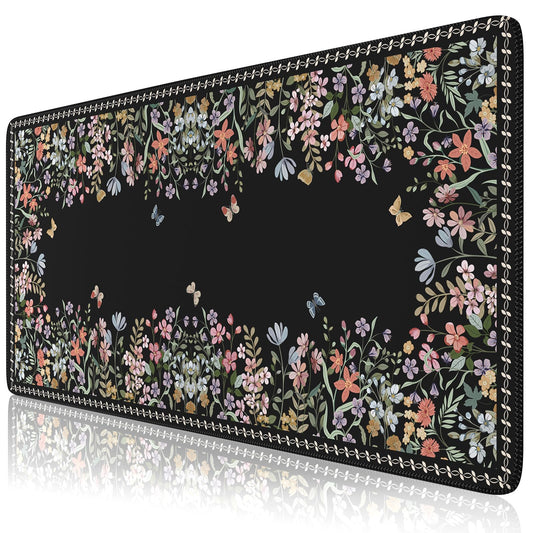 HAOCOO Floral Desk Pad, Black Computer Mat for Office Aesthetic Decor