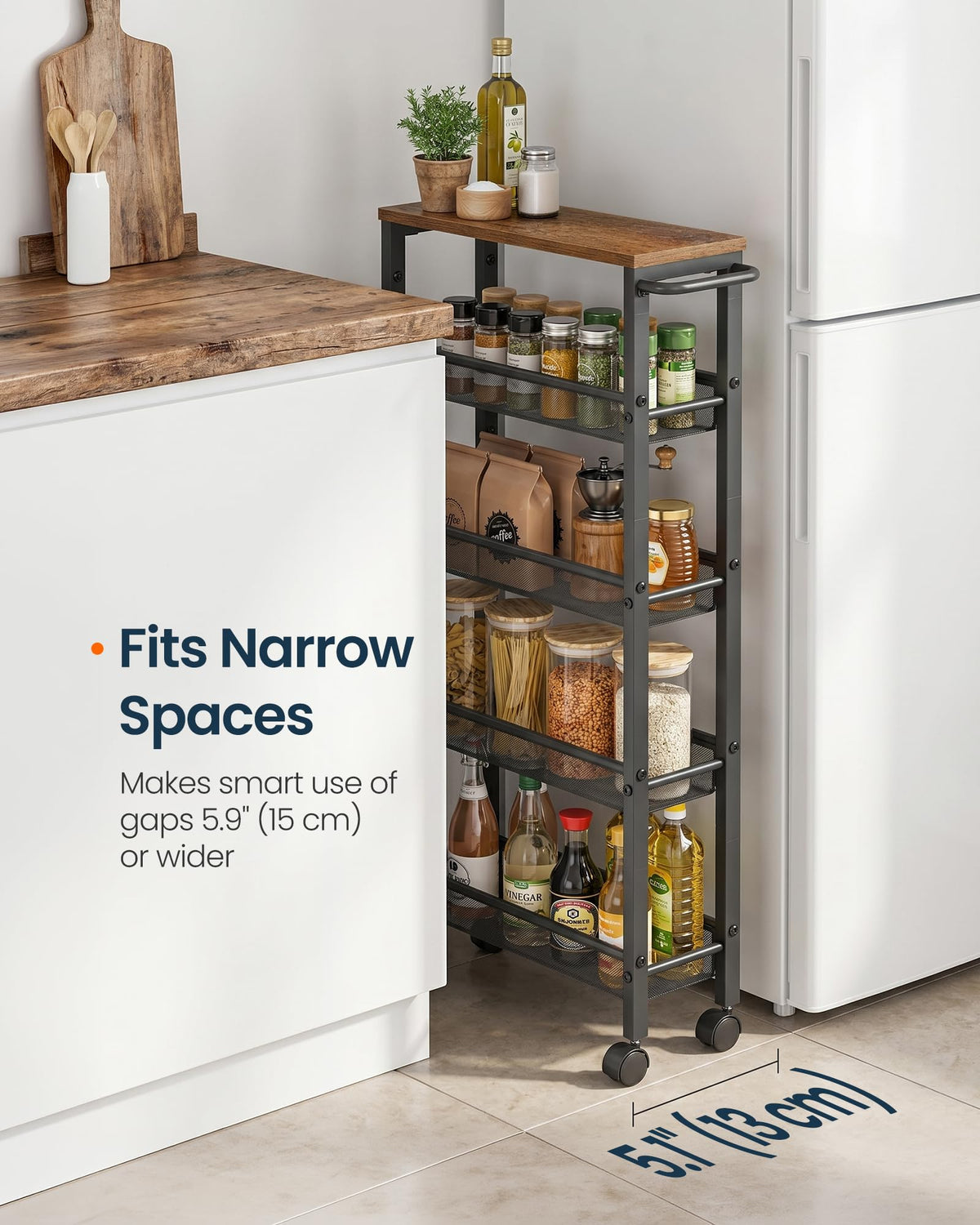 SONGMICS HOME Slim Rolling Cart, 5-Tier Storage Cart with Wheels and Handle, Narrow Utility Cart