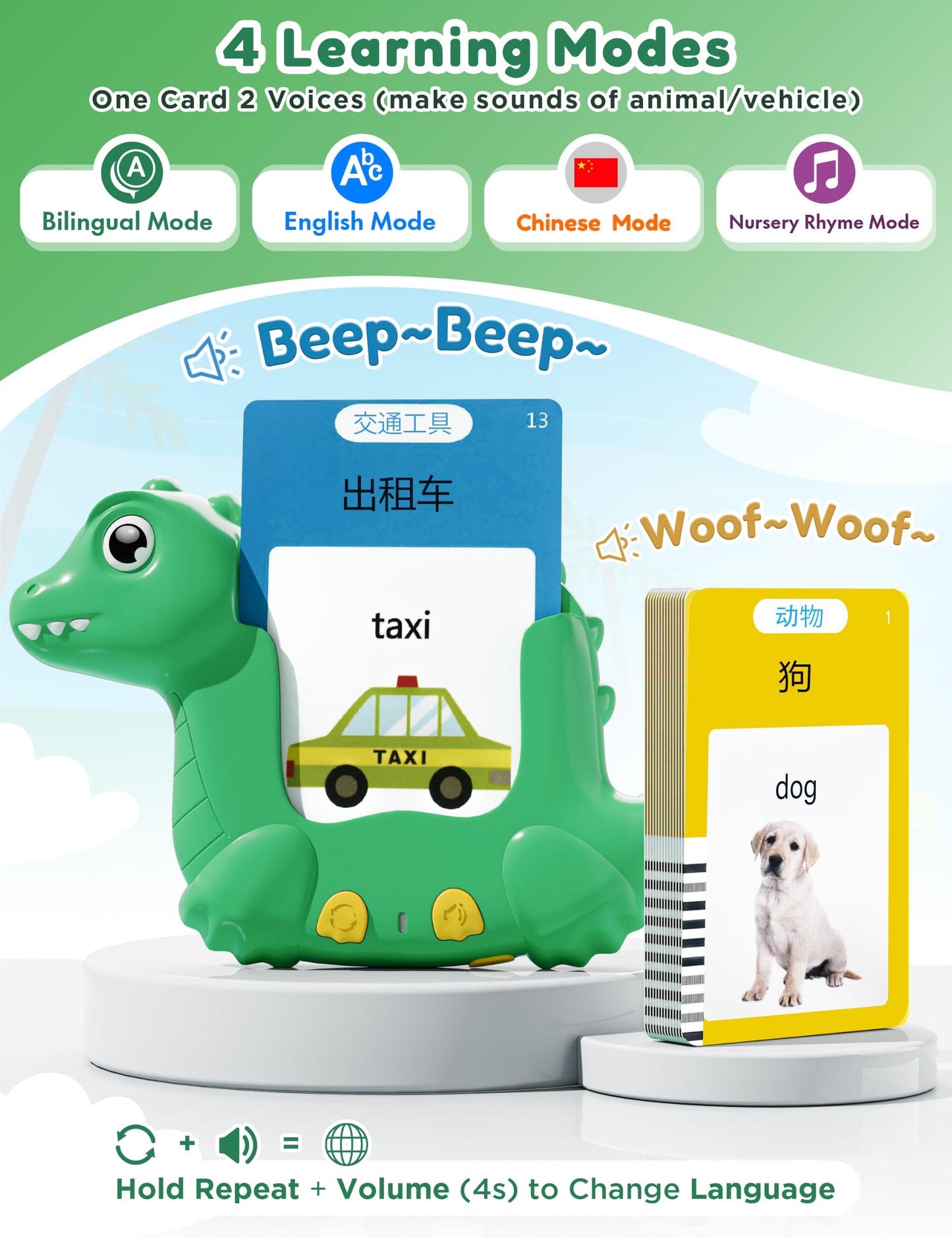 Chinese and English Talking Flash Cards for Kids, 510 Words, Dino Shaped