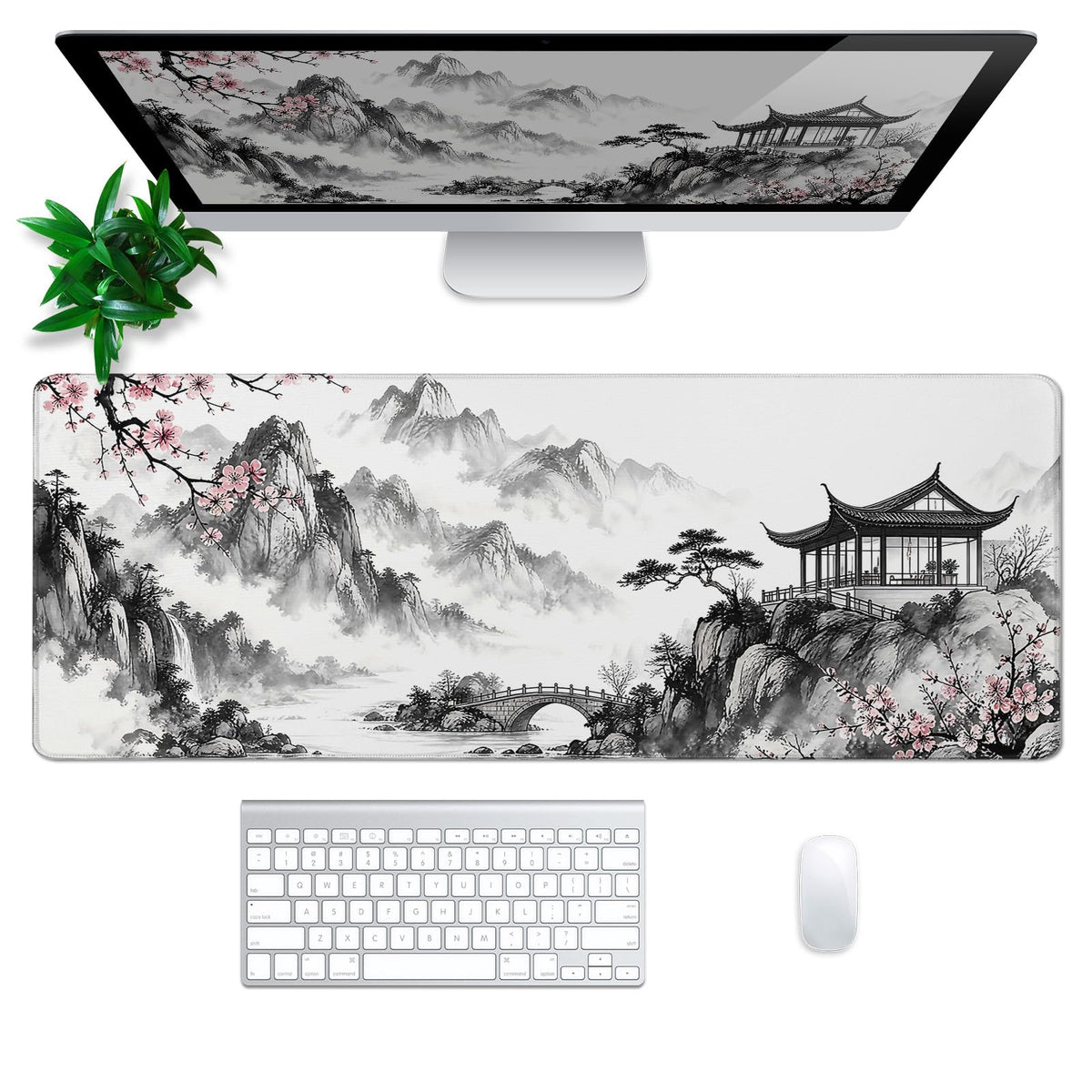 Japanese Black and White Cherry Blossoms Mouse Pad Abstract Mouse Pad 31.5x11.8 Inch Texture