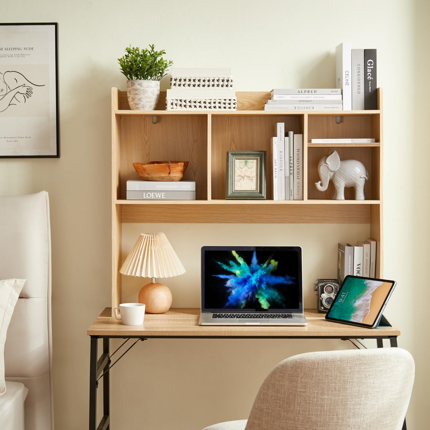 Nromant Desktop Bookshelf, Wooden Desk Storage Hutch with 6 Shelves for Computer Desk, 3-Tier