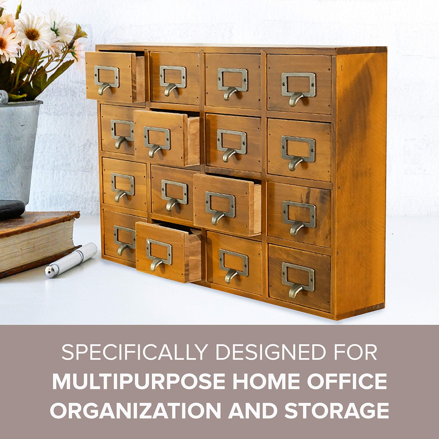 Card Catalog Desk Drawer Organizer - Wooden Storage Box with 16 Drawers - Home Office Desk