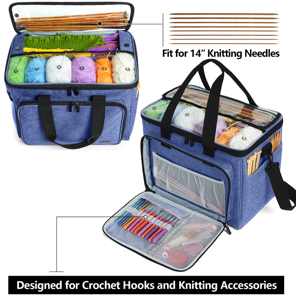 Teamoy Knitting Bag, Yarn Storage Organizer Crochet Bag Tote, Dark Blue