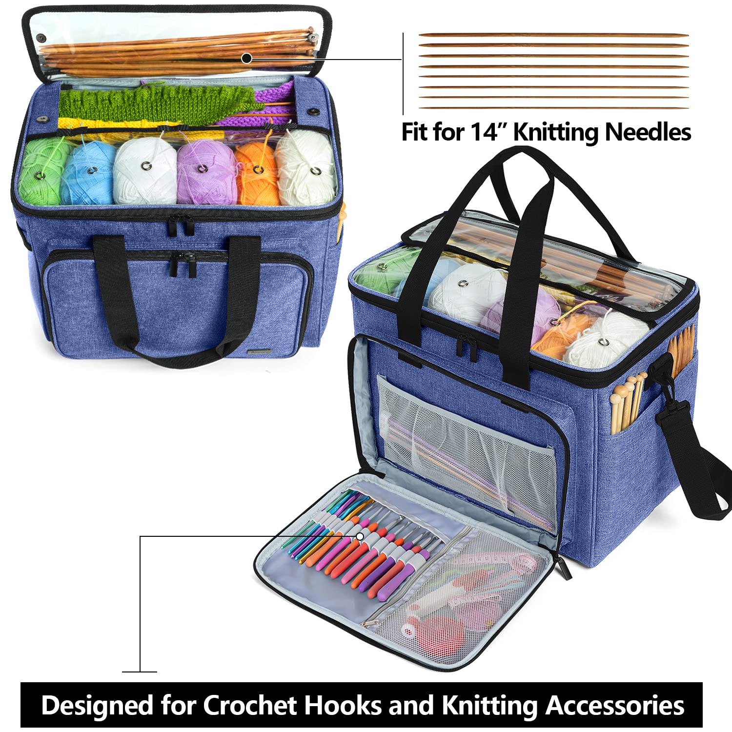 Teamoy Knitting Bag, Yarn Storage Organizer Crochet Bag Tote, Dark Blue