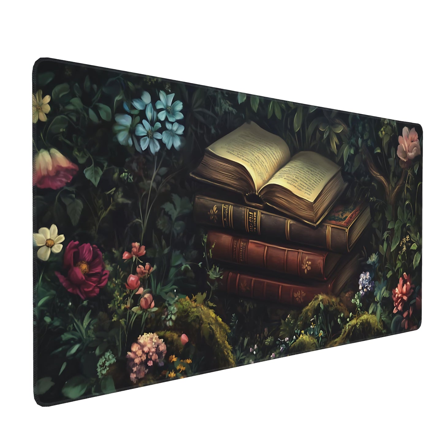 Floral Aesthetic Book Gaming Mouse Pad, Forest Green Moody Forest Desk Mat with Anti-Slip Base &