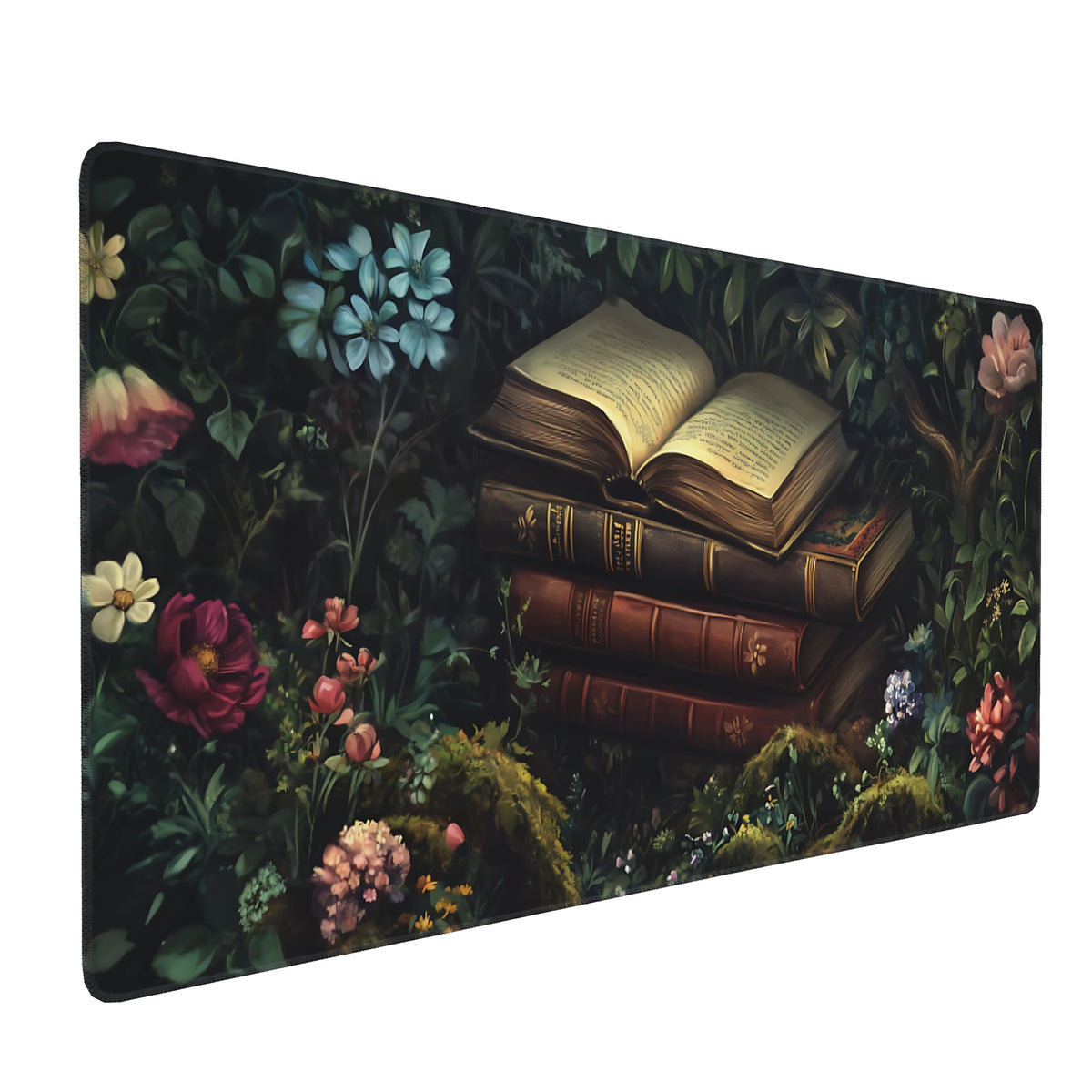 Floral Aesthetic Book Gaming Mouse Pad, Forest Green Moody Forest Desk Mat with Anti-Slip Base &