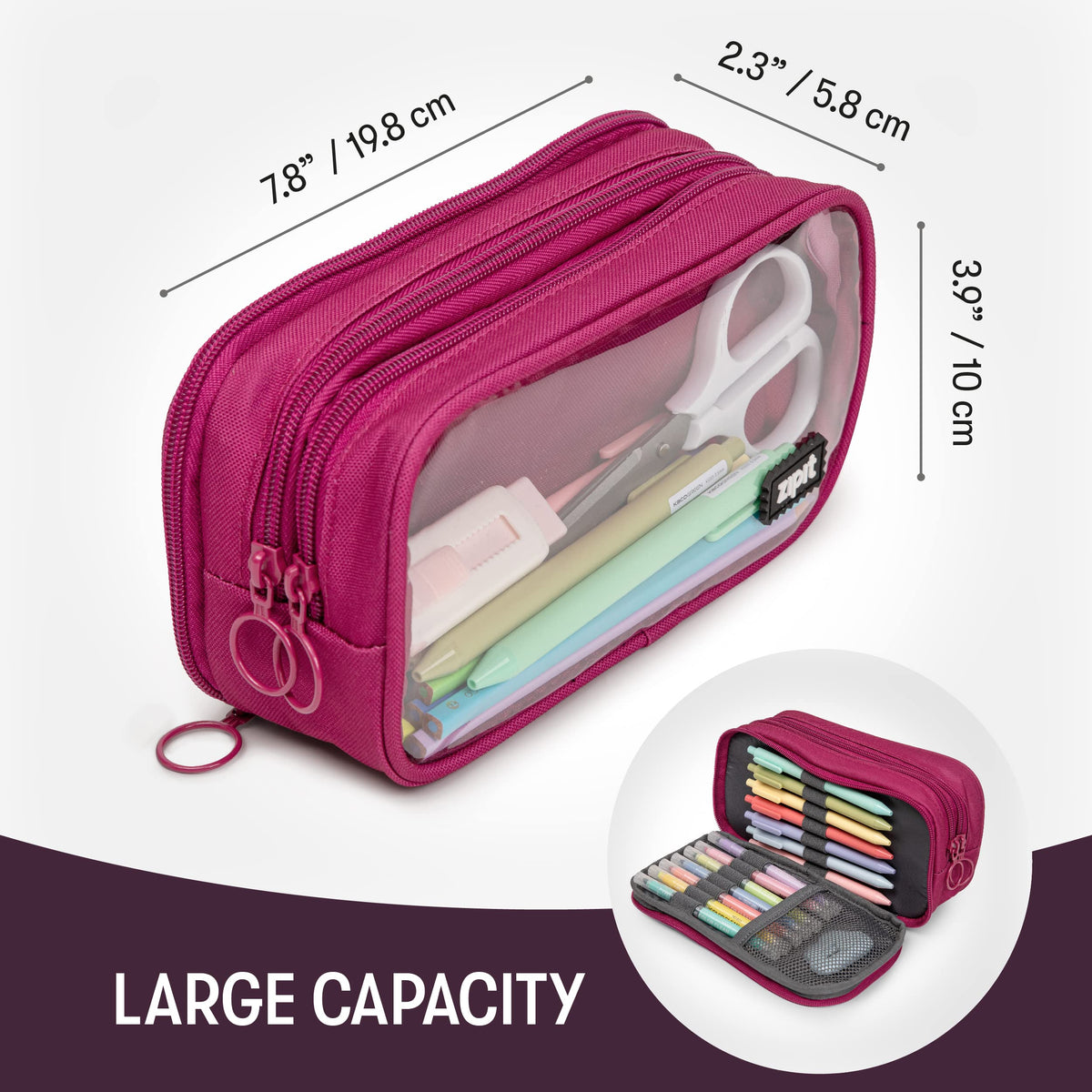 ZIPIT Half & Half Pencil Case for Girls, 3-Compartment Zipper Pouch