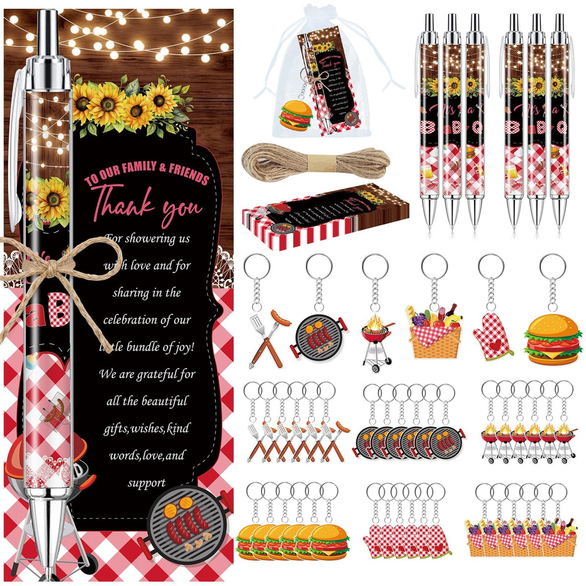 EYNDYN 145 Pieces BBQ Baby Shower Gifts for Guest It's a Baby Q Ballpoint Pens and Keychains Favors
