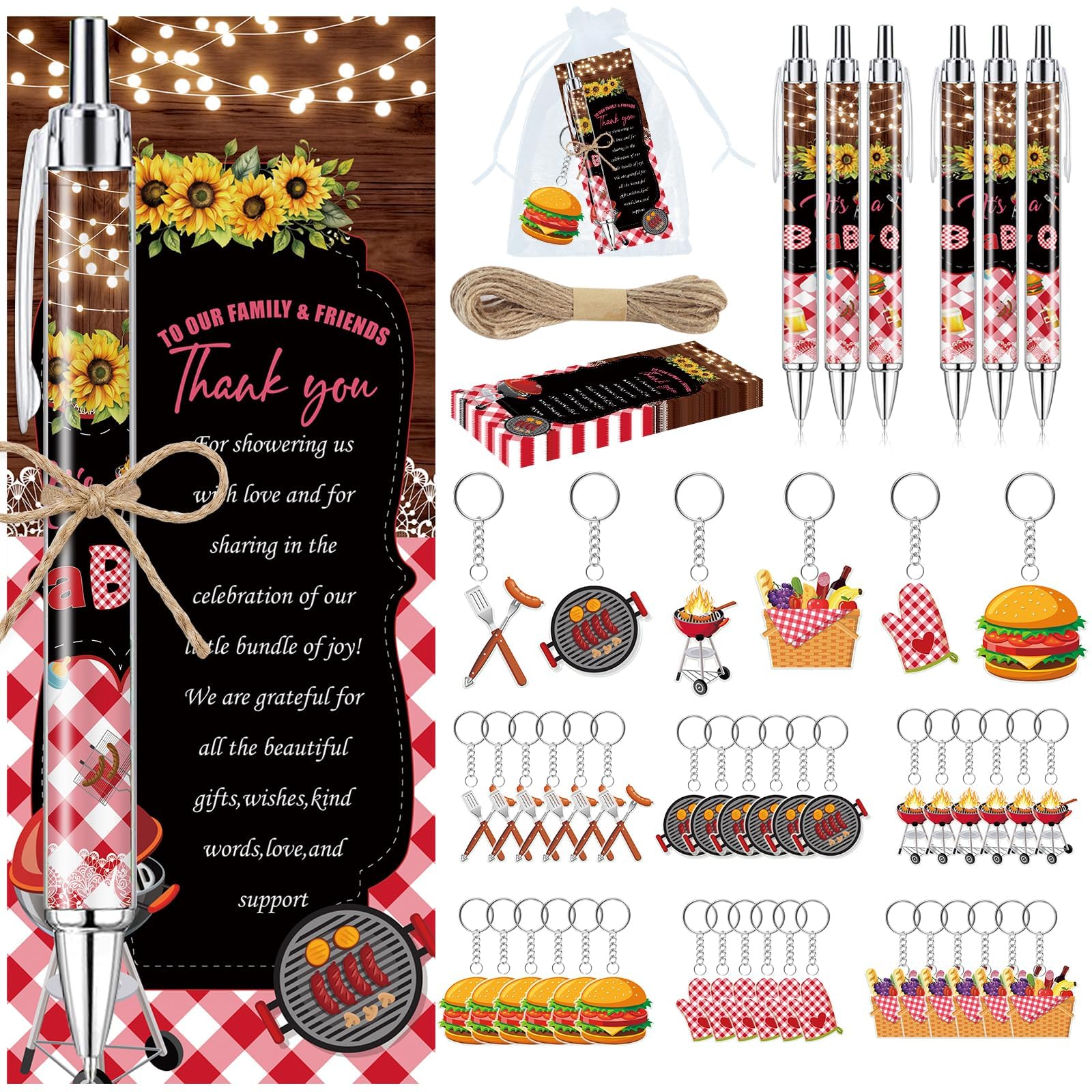 EYNDYN 145 Pieces BBQ Baby Shower Gifts for Guest It's a Baby Q Ballpoint Pens and Keychains Favors