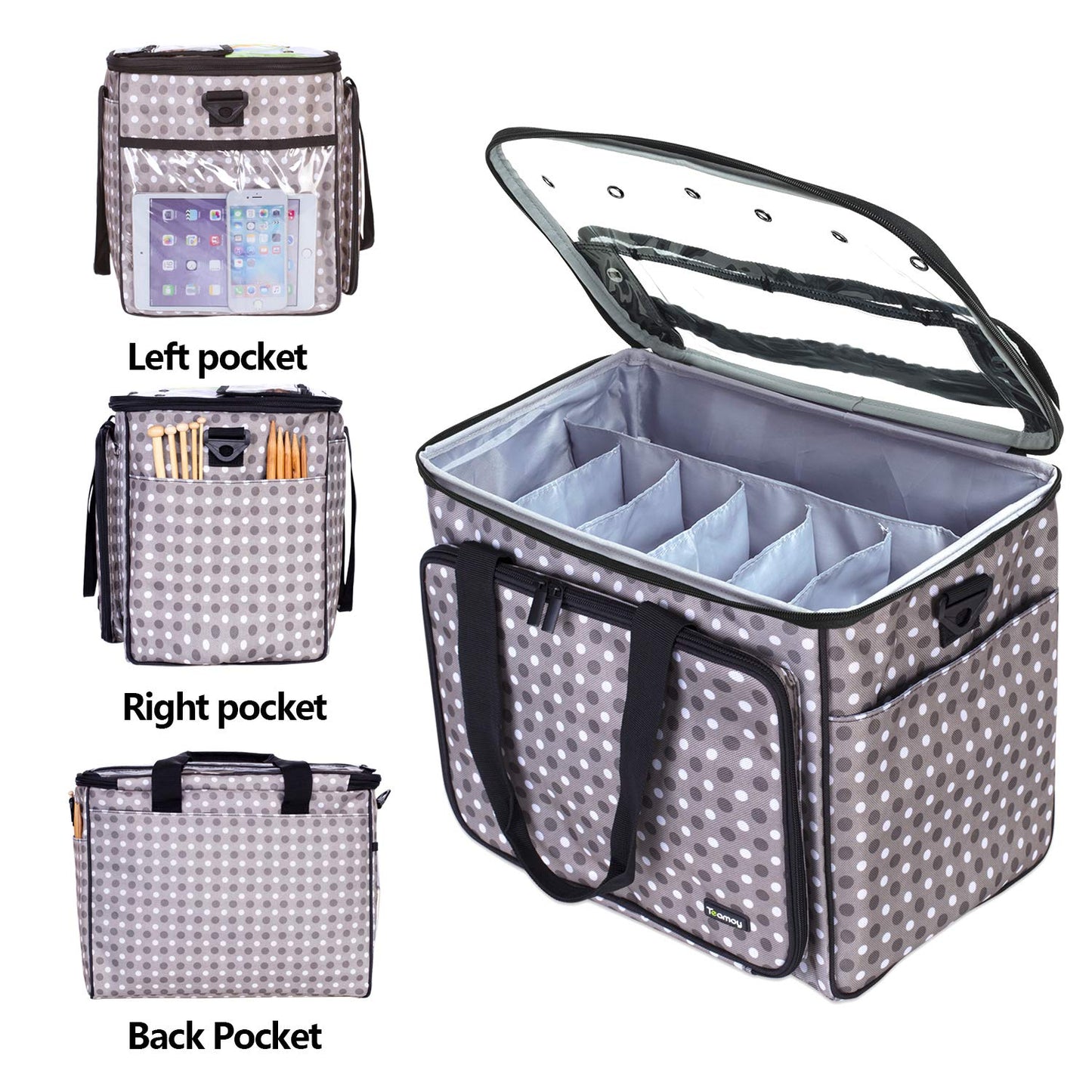 Teamoy Knitting Bag, Yarn Storage Organizer Crochet Bag Tote, Gray Dots