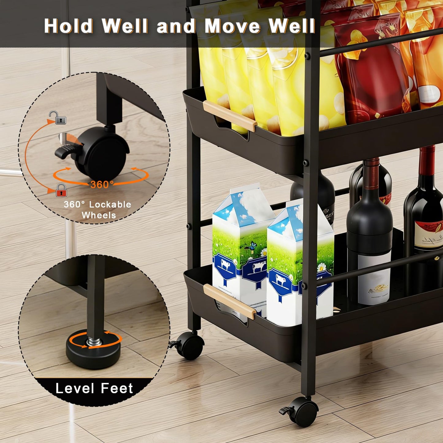 MAYBOSS 6-Tier Slim Rolling Storage Cart with Wheels, Metal Organizer Tall Rolling Cart, Wood Top