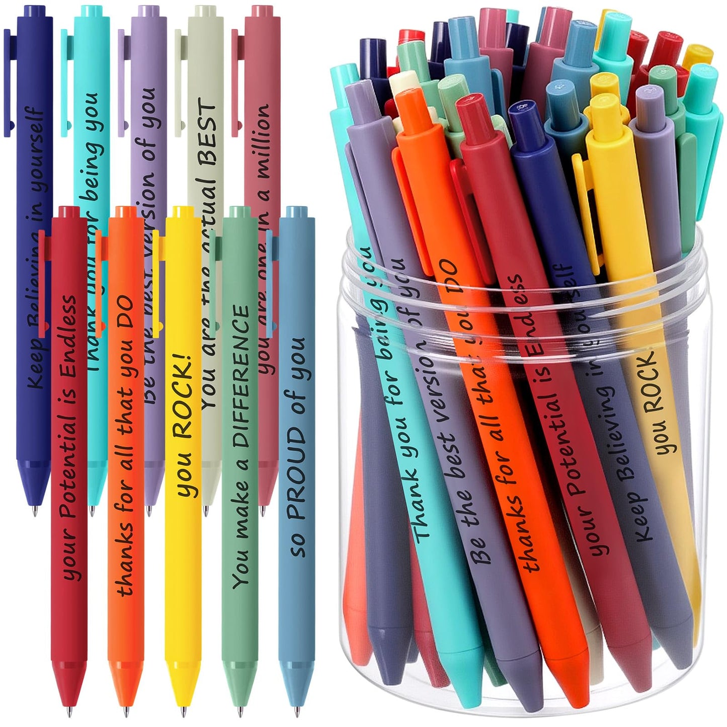 Crtiin 50 Pcs Inspirational Pens Bulk Rainbow Color, Thank Yourself