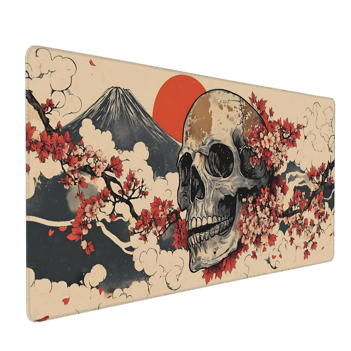Aesthetic Skull Gaming Mouse Pad, Beige Red Japanese Desk Mat with Anti-Slip Base & Stitched Edges