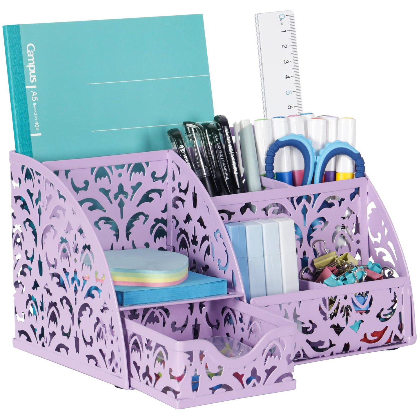 EasyPAG Pen Holder Desk Organizer with Drawer Pencil Cup for Desk 6 Compartments Metal Office Caddy