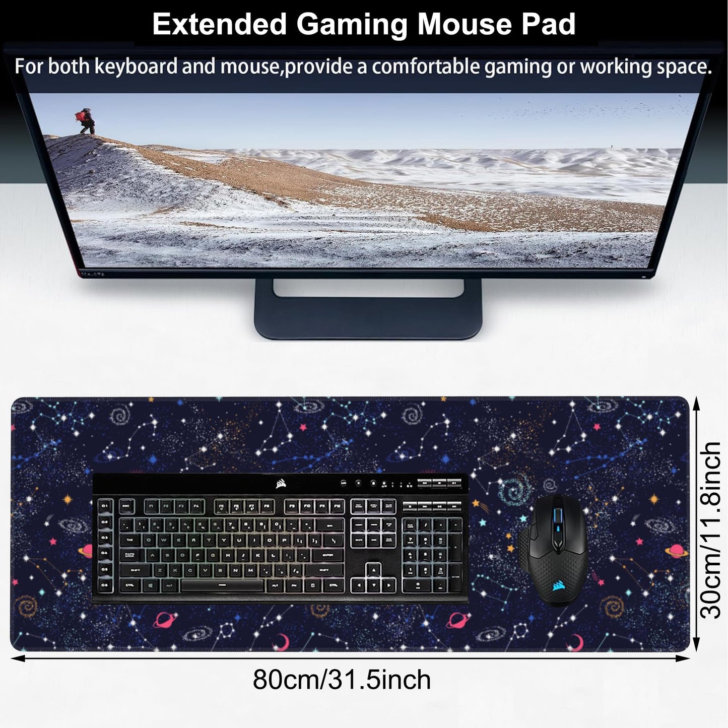 Space Galaxy Constellation Desk Mat,Large Milky Way Galaxy Space Gaming Keyboard Mouse Pad,Non-Slip