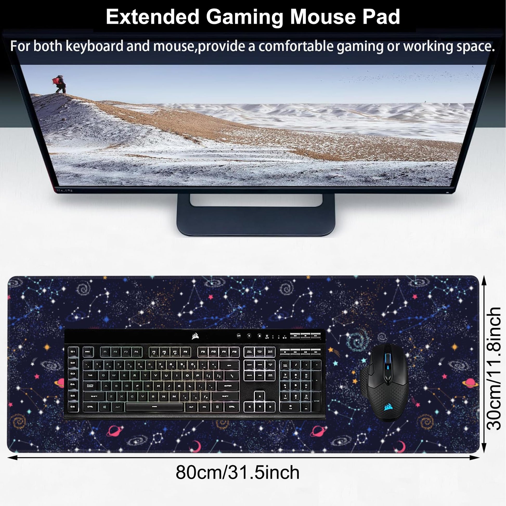 Space Galaxy Constellation Desk Mat,Large Milky Way Galaxy Space Gaming Keyboard Mouse Pad,Non-Slip