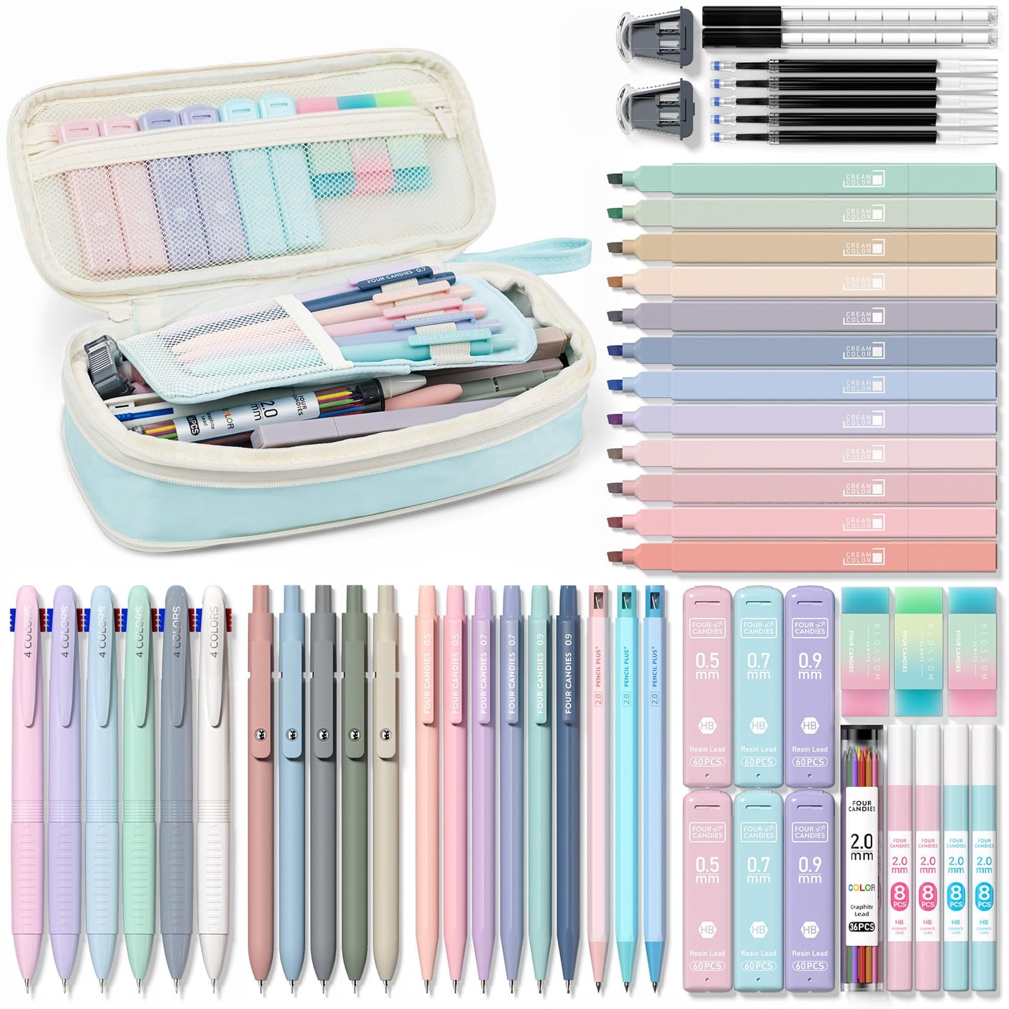Four Candies 56PCS School Supplies with Pencil Case, Stationery Set, Blue