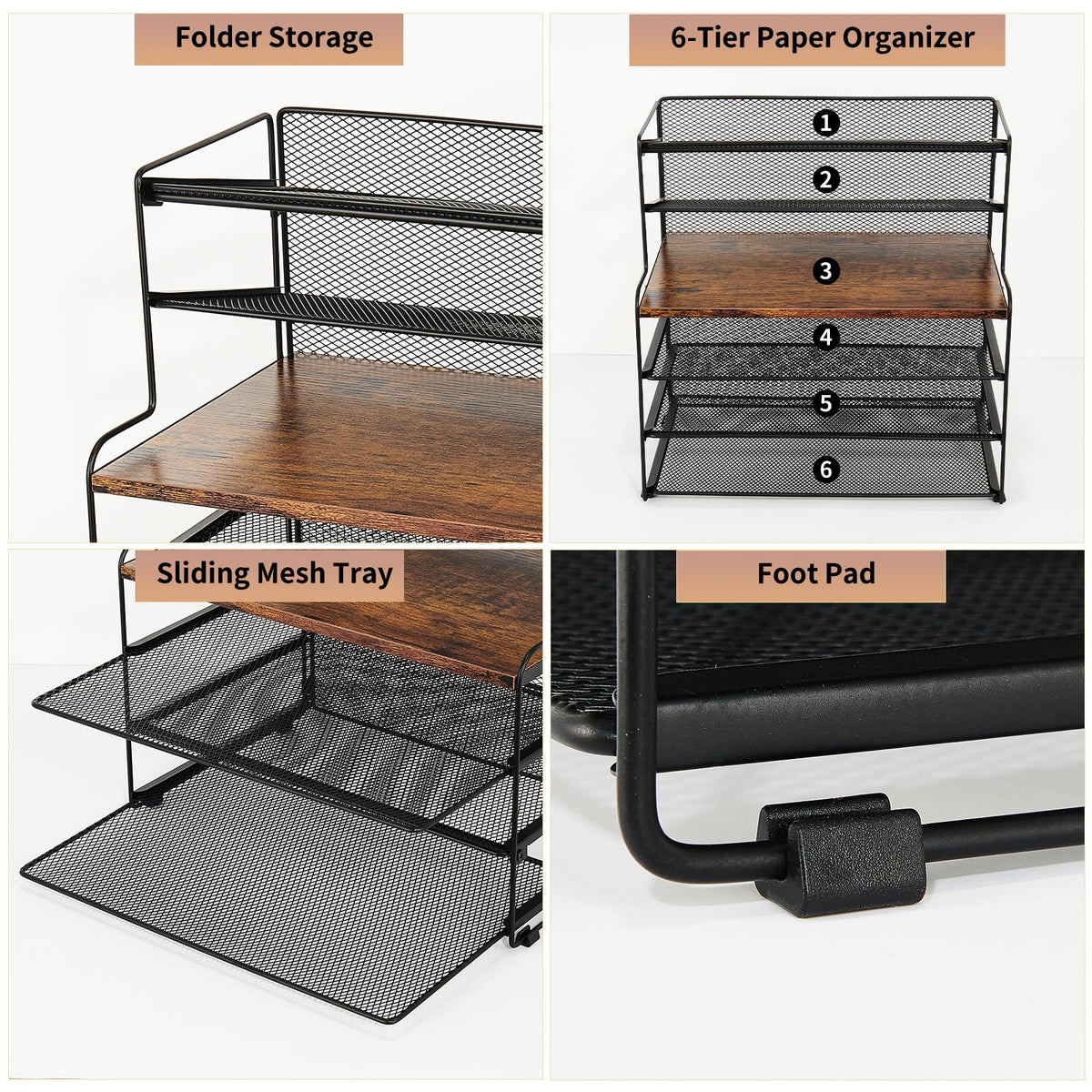 OPNICE Desk Organizer, 6-Tier Paper Organizer Letter Tray, Brown Wood