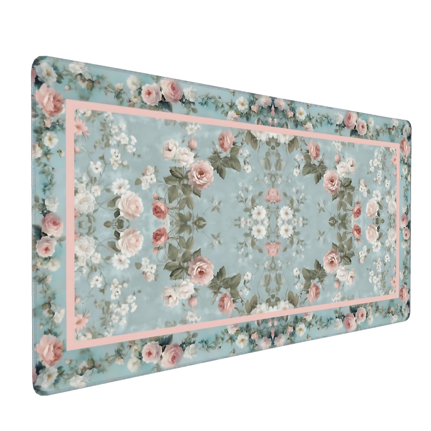 Floral Aesthetic Rose Gaming Mouse Pad, Muted Green Rug Desk Mat with Anti-Slip Base & Stitched