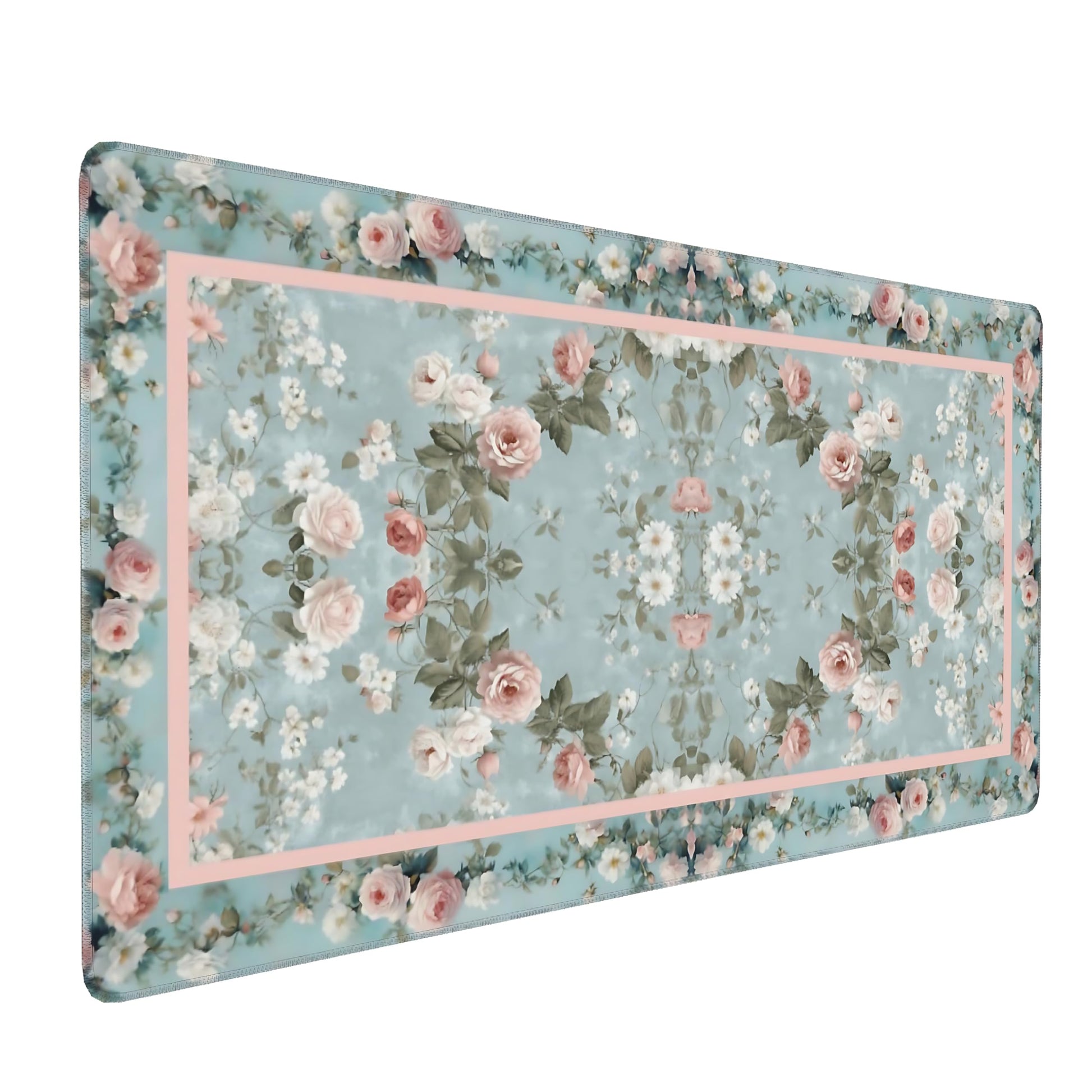 Floral Aesthetic Rose Gaming Mouse Pad, Muted Green Rug Desk Mat with Anti-Slip Base & Stitched