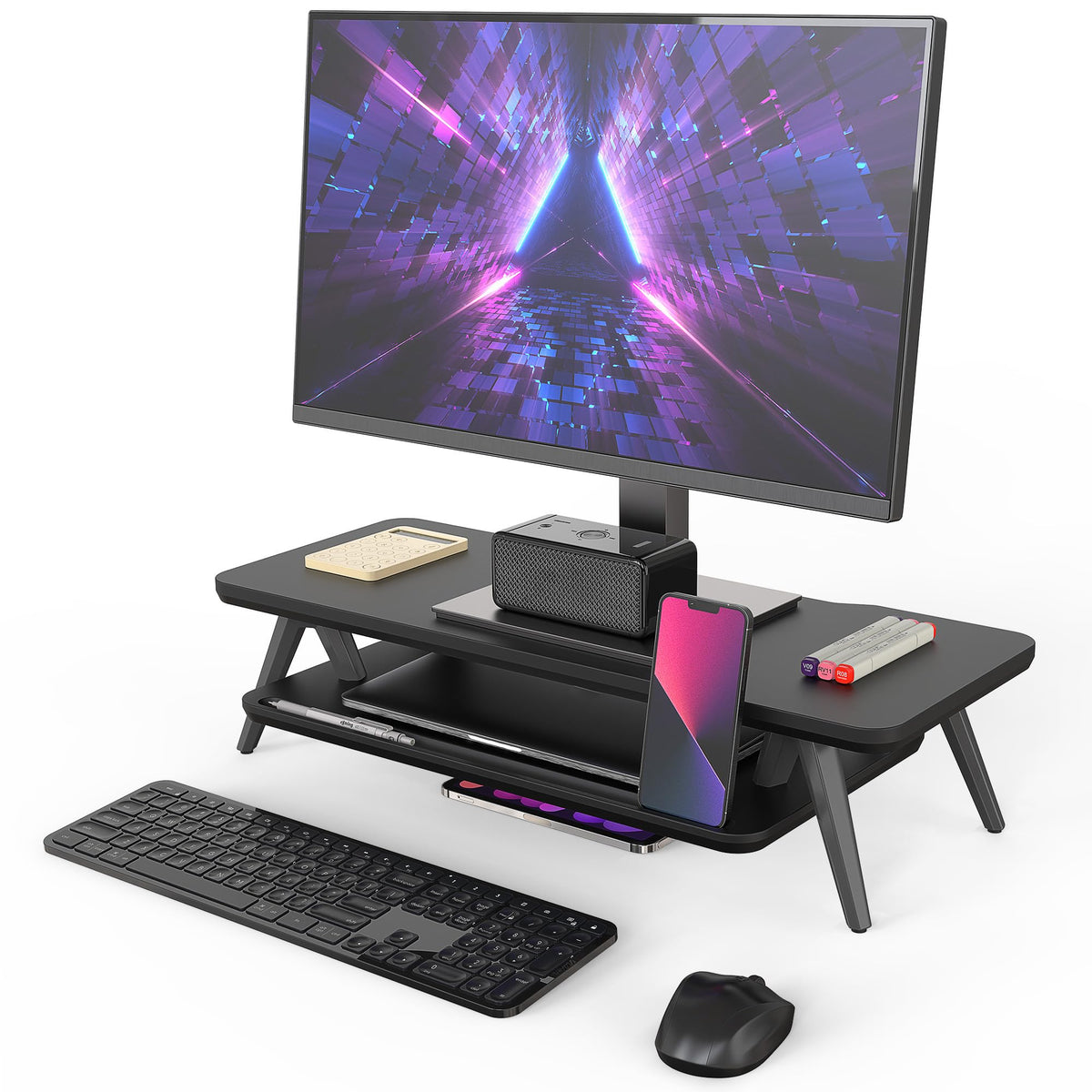 Fenge Monitor Stand Riser, Wooden Desk Shelf with 2-Tier Storage