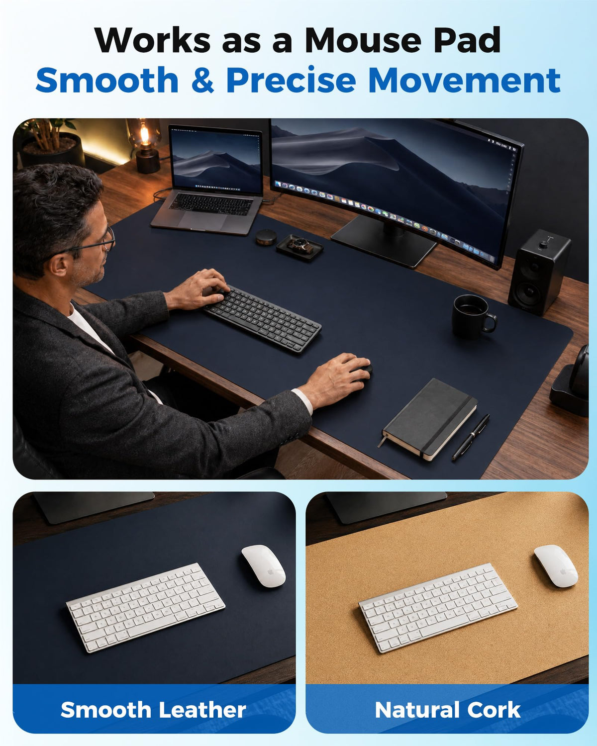 Aothia Dual-Sided Desk Mat, FSC Cork & PU Leather Desk Pad, Large Mouse Pad & Writing Surface for