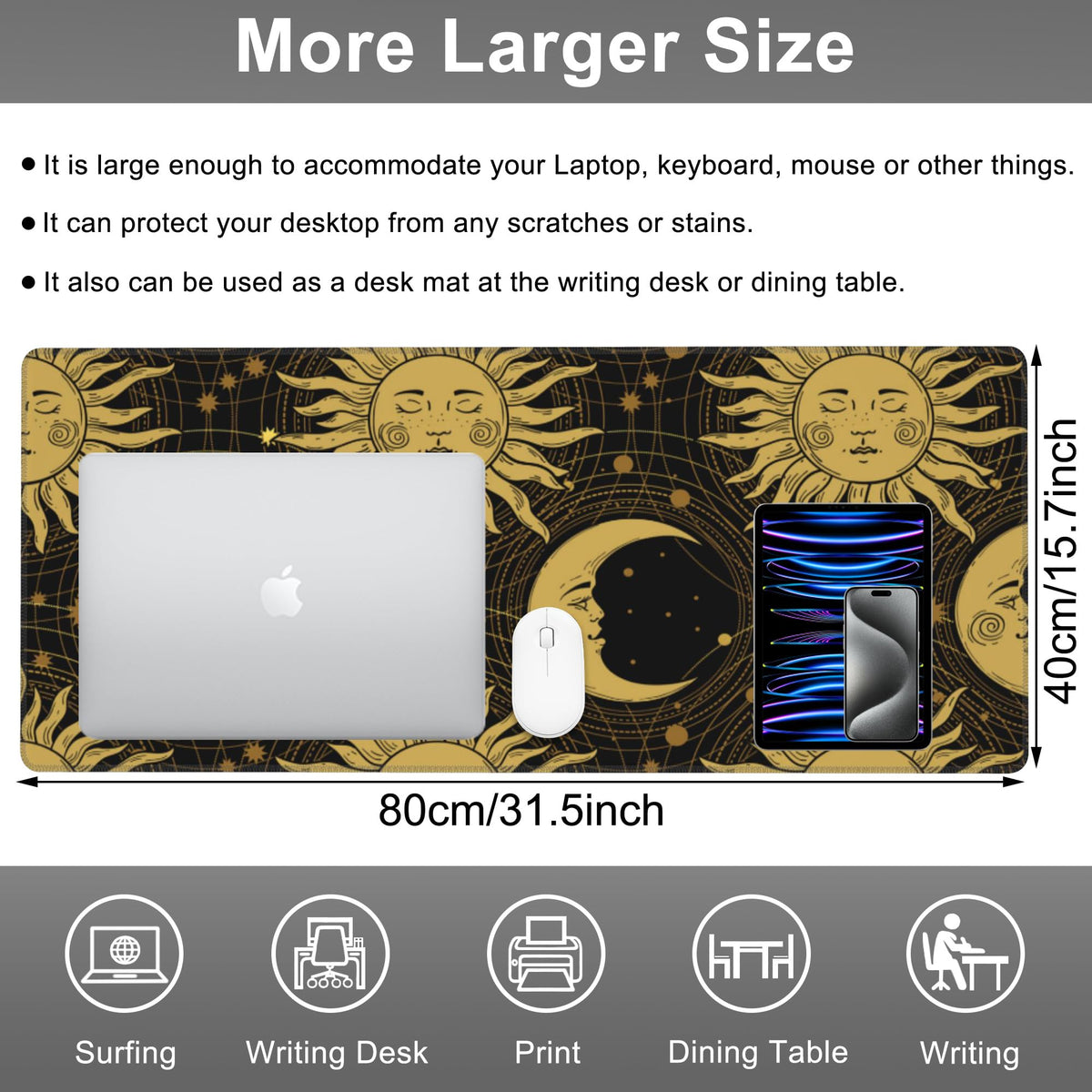 Mouse Pad, Large Golden Sun and Crescent Desk Mat, Extended Non-Slip Gaming Keyboard Mousepad Desk