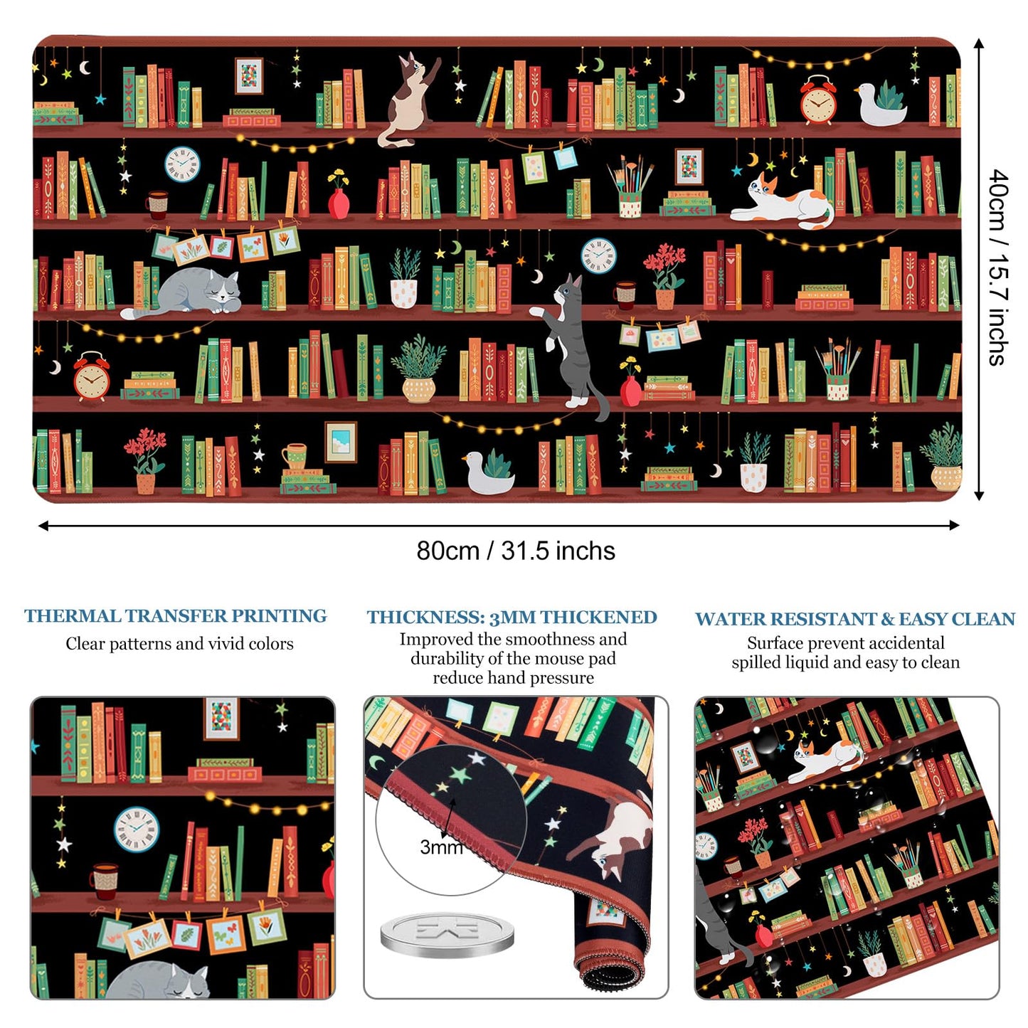 Bookshelf Cat Teacher Desk Pad, Mouse Pad Office Accessories, 31.5×15.7