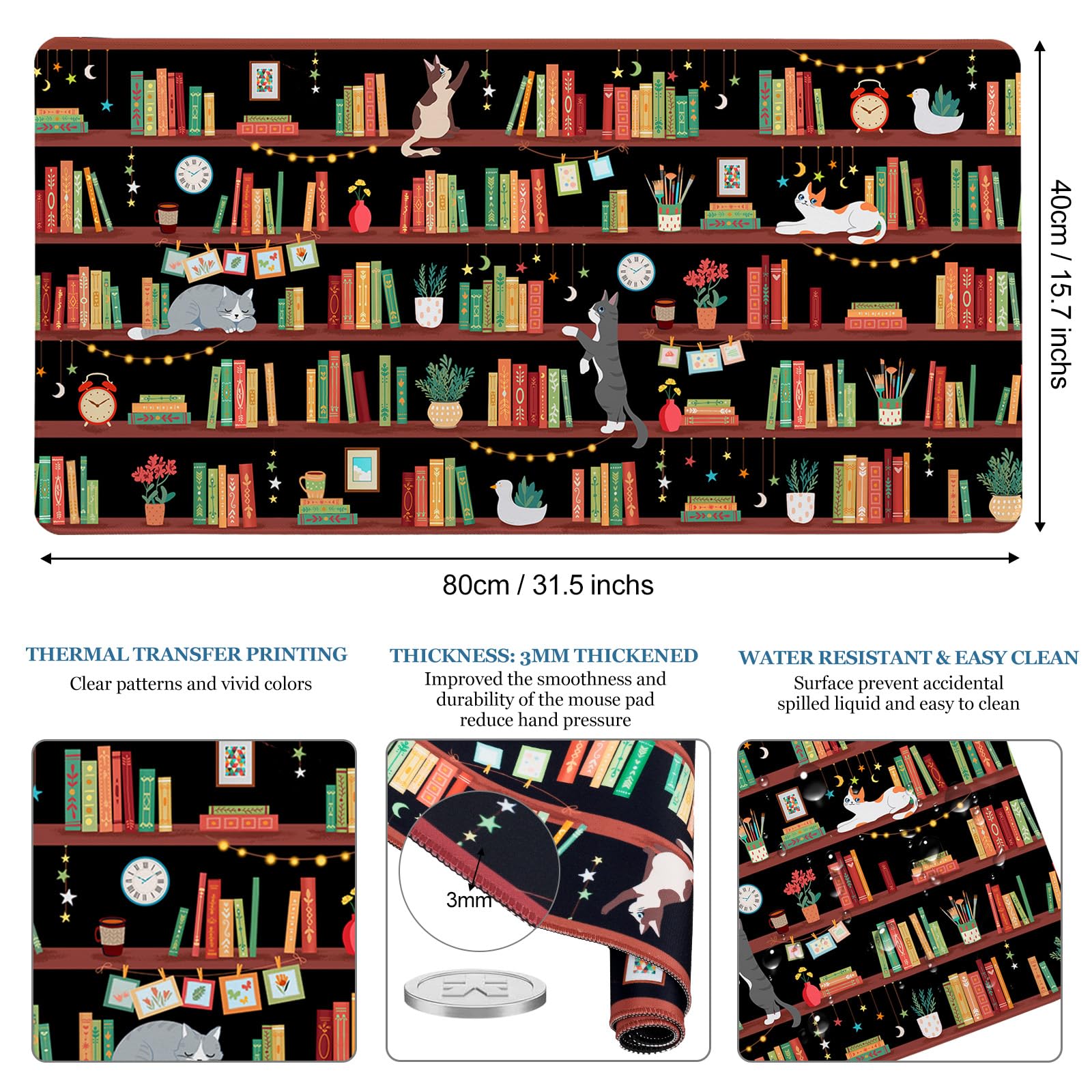 Bookshelf Cat Teacher Desk Pad, Mouse Pad Office Accessories, 31.5×15.7