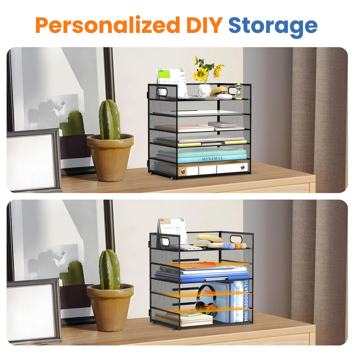 Daltack 6-Tier Paper Organizer for Desk with Handle, Black, 2 Pack