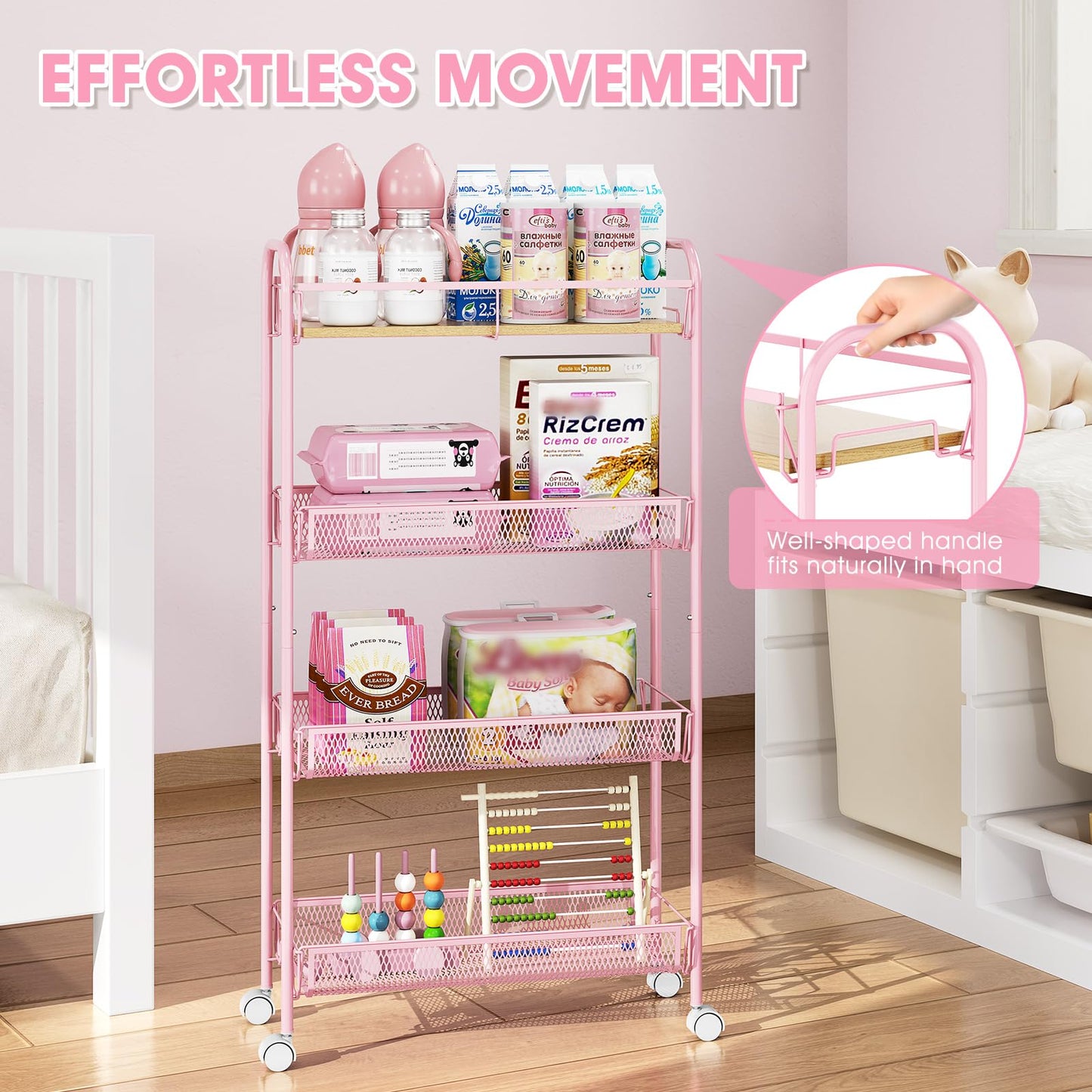 TOOLF 4-Tier Slim Rolling Cart, Metal Storage Cart with Wooden Tabletop and Mesh Baskets for Narrow