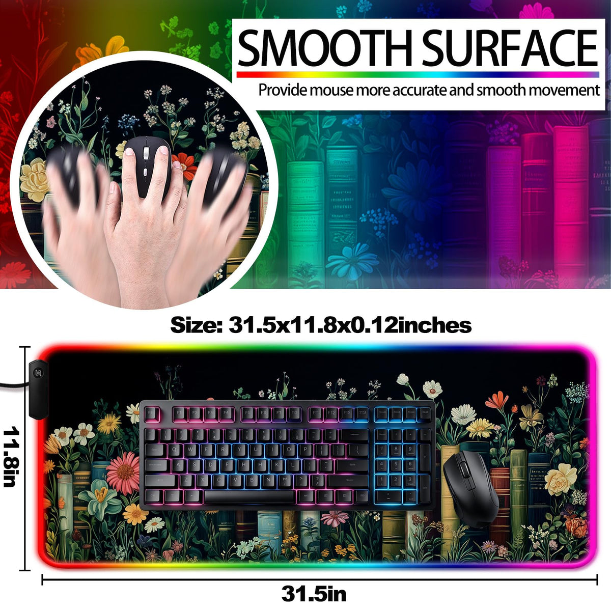 JIANG100 RGB Whimsical Wildflower Book Scene Gaming Desk Mat, XL Mouse Pad