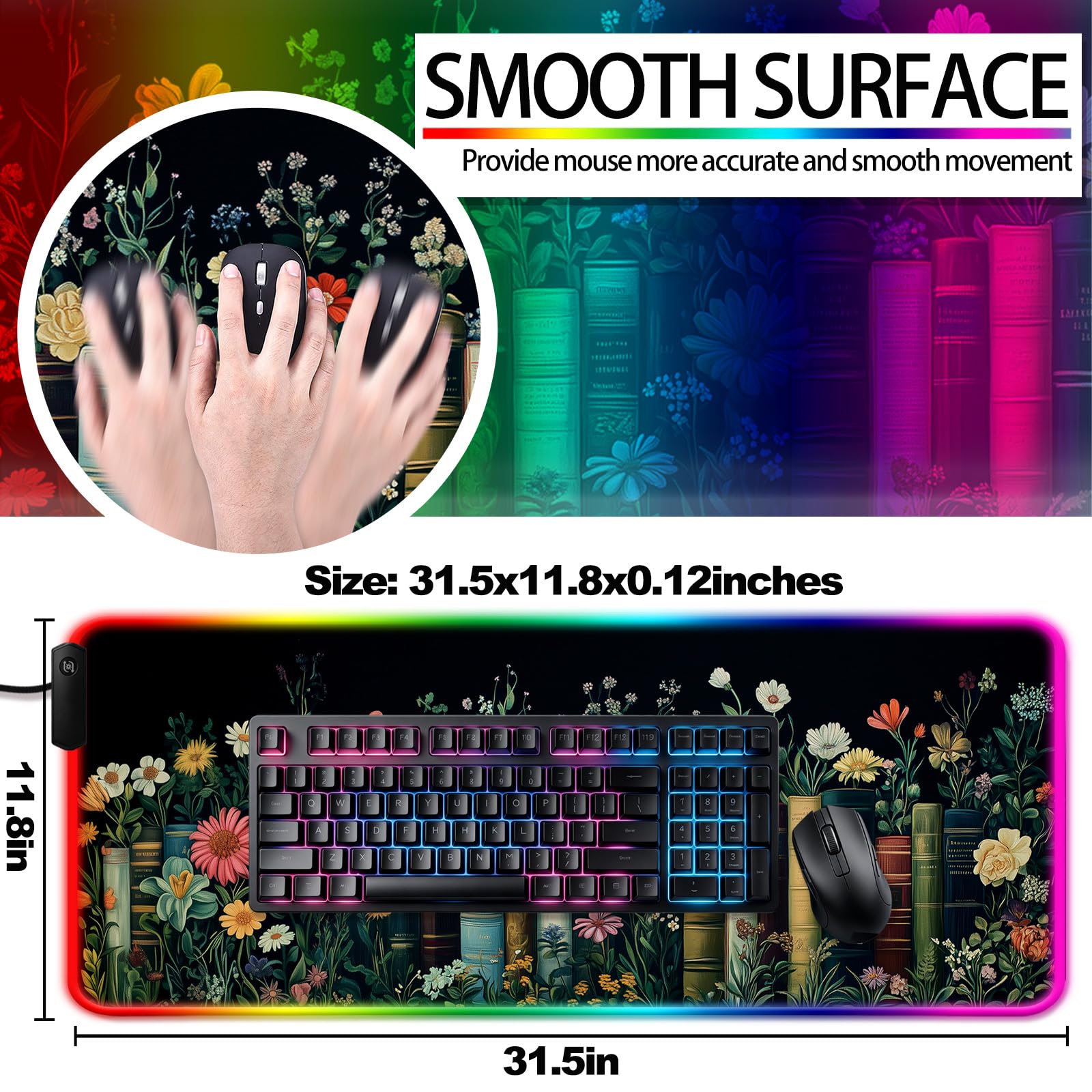 JIANG100 RGB Whimsical Wildflower Book Scene Gaming Desk Mat, XL Mouse Pad