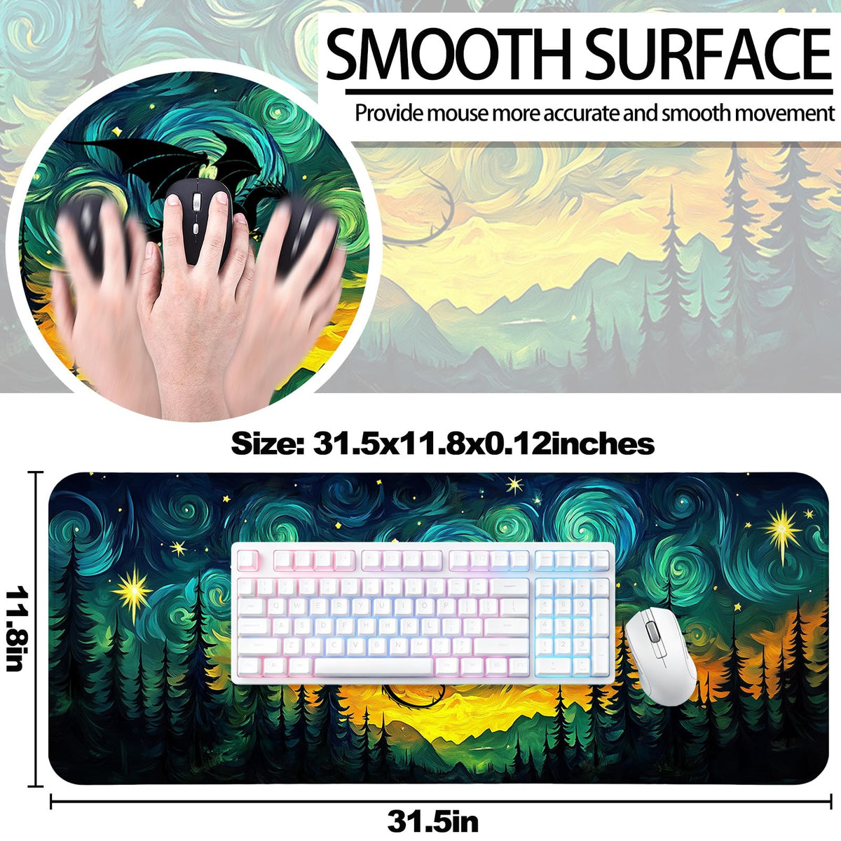 JIANG100 Starry Night Forest Dragon Gaming Desk Mat, XL Extended Mouse Pad