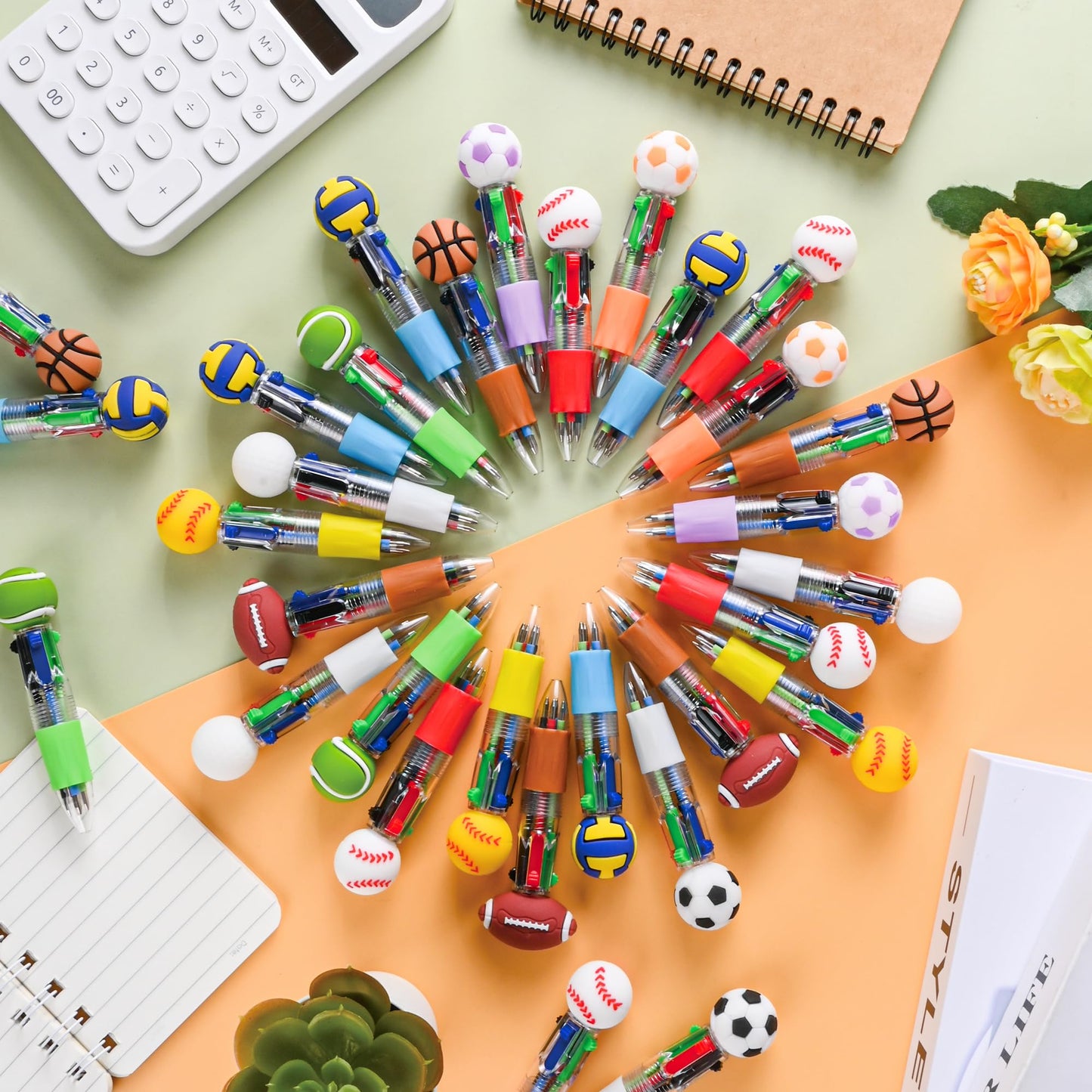 LiYiQ 25Pcs Sports Party Favors Multicolor Pen in One Cartoon Cute Fun 4-in-1 Cute Pens Bulk Kawaii