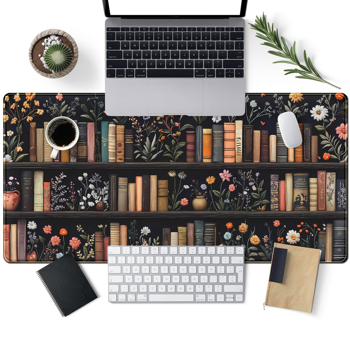 Bookish Desk Mat Floral Bookshelf Desk Pad Faux Embroidery Large Mouse Pad XXL Book Lovers Gift