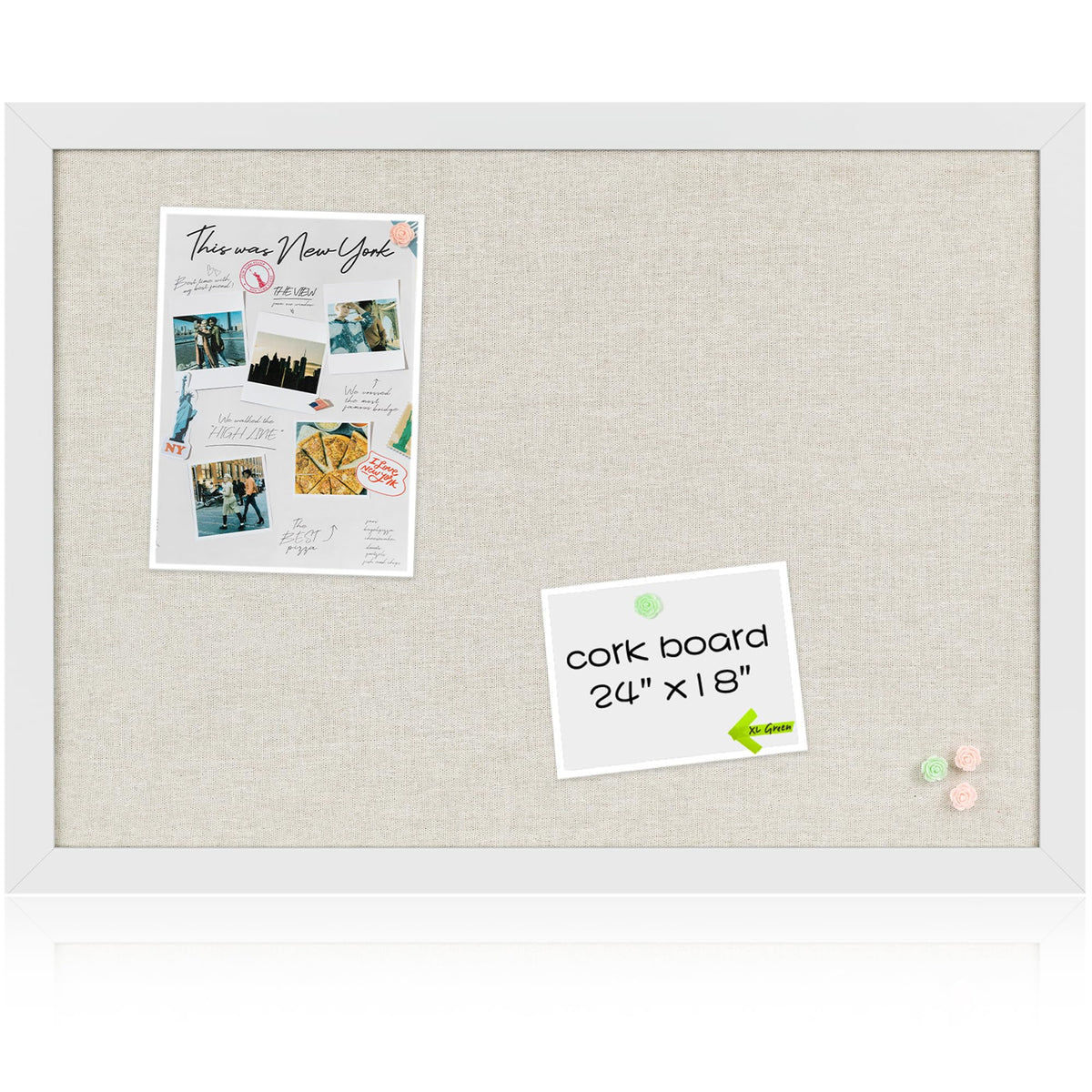 Board2by White Cork Board Bulletin Board with Linen, Wood Framed 24" x 18" Corkboard, Office Board