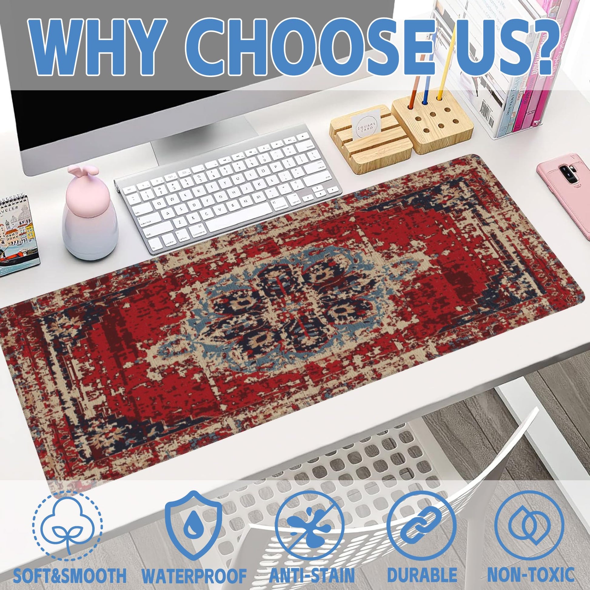 Desk Mat,Boho Carpet Style Large Gaming Mouse Pad XL,Boho Rug Desk Pad,Extended Big Computer